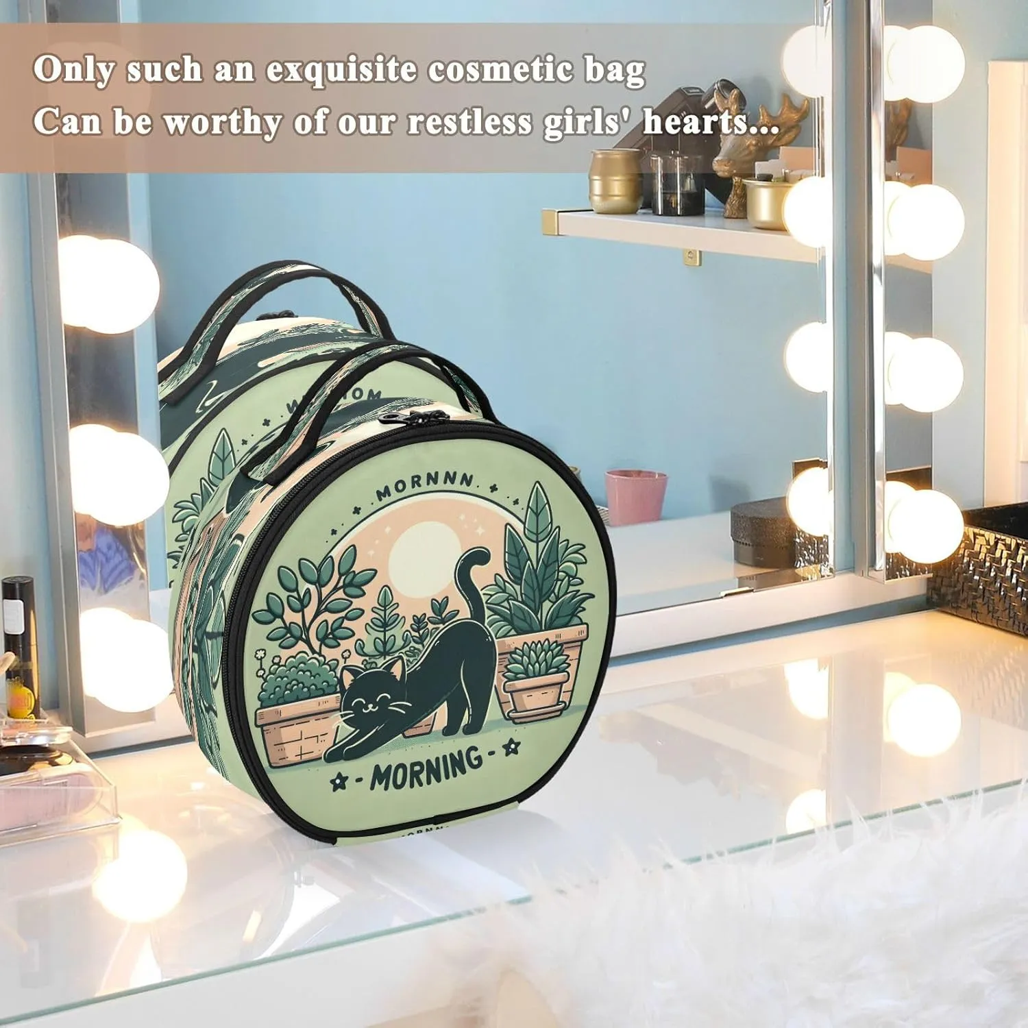 senya Round Cosmetic Pouch Travel Makeup Train Case Cat Green Makeup Organizer Bag with Adjustable Dividers Portable for Cosmetics Makeup Brushes Toiletry Jewelry Accessories