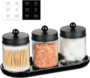SheeChung Qtip Dispenser Holder 3pcs, Glass apothecary jars with Acrylic Vanity Tray, Countertop Canister Guest Bathroom Essentials Storage Organizer for Cotton Swabs/Balls, Floss Picks(Black)