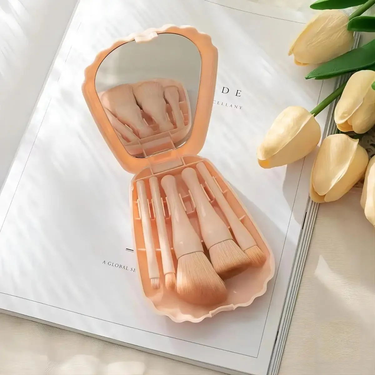 Shell Elegance: 5-Piece Makeup Brush Set with Compact Mirror