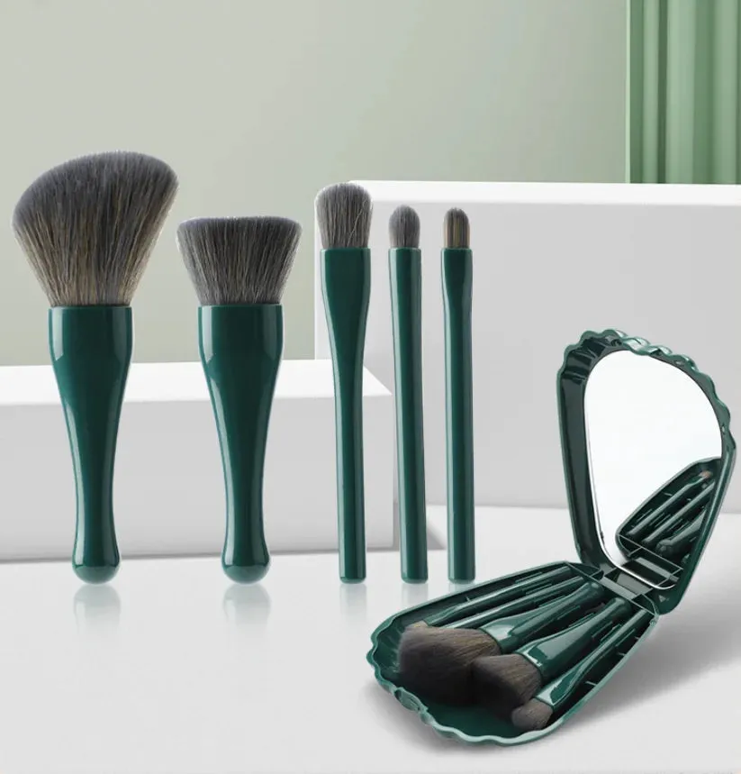 Shell Elegance: 5-Piece Makeup Brush Set with Compact Mirror