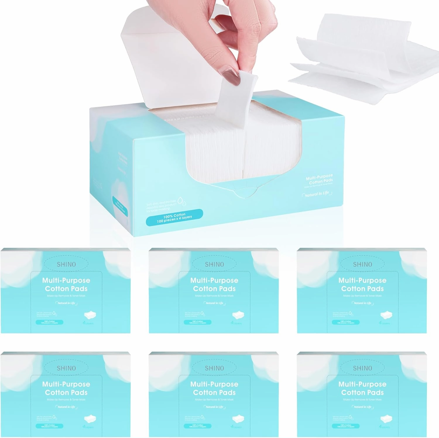SHINO Multi Purpose Cotton Pads for Face, 4-Layer Cotton Pads Makeup Remover 100% Cotton Chemical Free Biodegradable 2" x 3" Sensitive Skincare Pads (6 Pack)