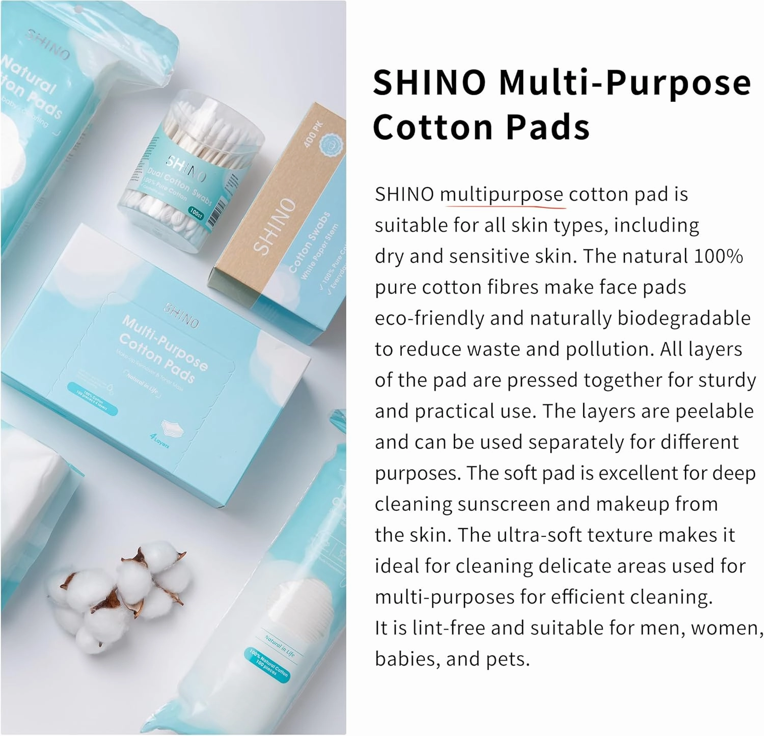SHINO Multi Purpose Cotton Pads for Face, 4-Layer Cotton Pads Makeup Remover 100% Cotton Chemical Free Biodegradable 2" x 3" Sensitive Skincare Pads (6 Pack)