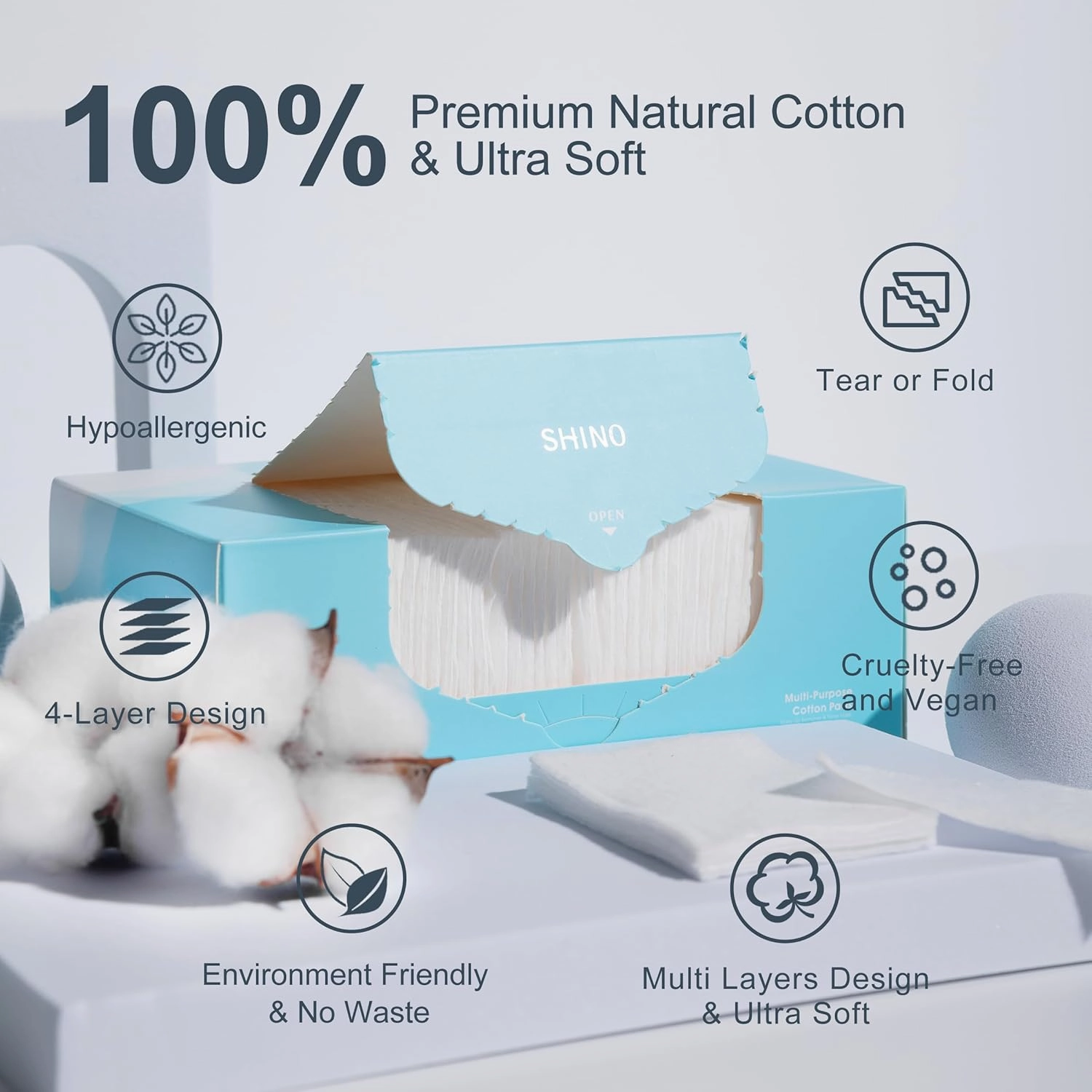 SHINO Multi Purpose Cotton Pads for Face, 4-Layer Cotton Pads Makeup Remover 100% Cotton Chemical Free Biodegradable 2" x 3" Sensitive Skincare Pads (6 Pack)