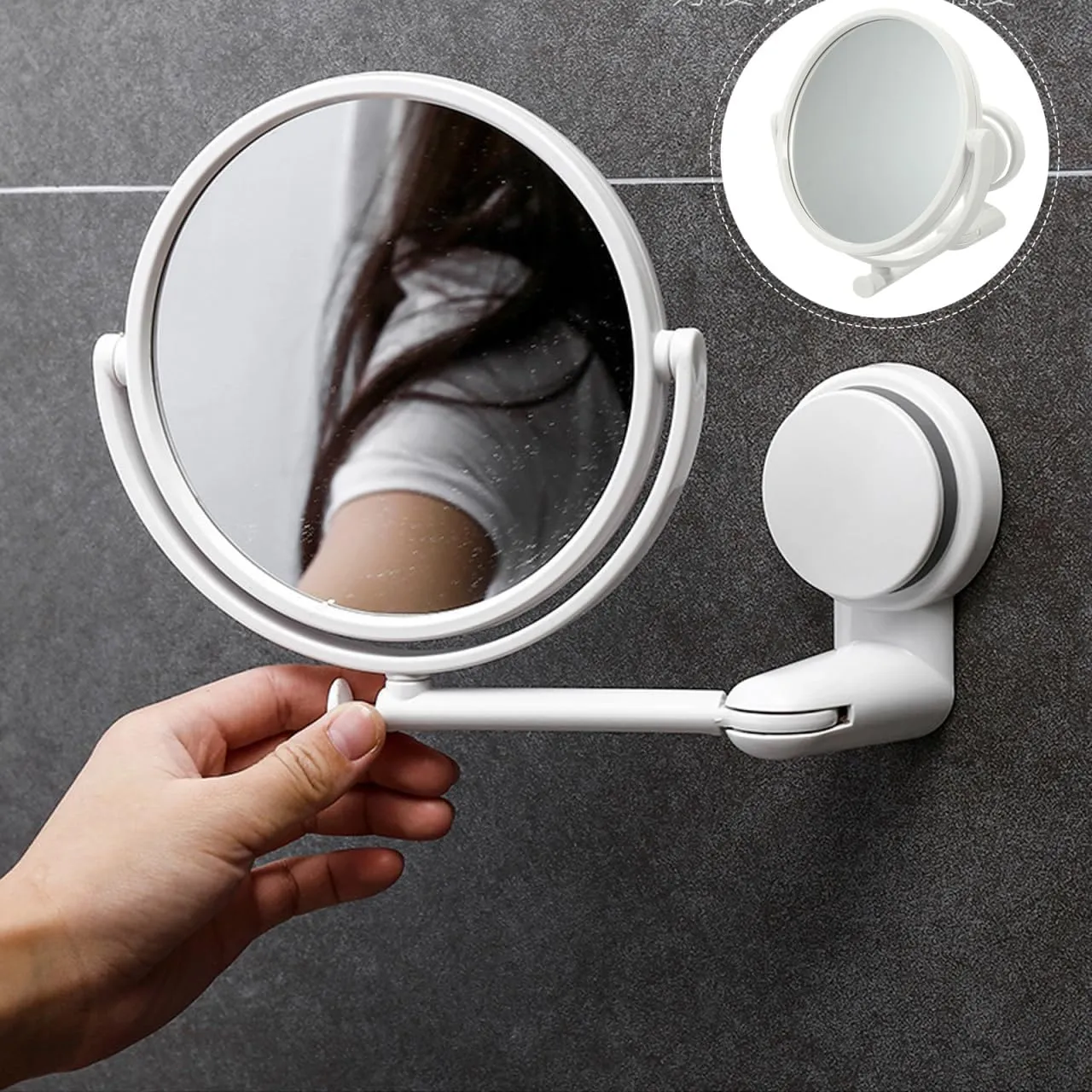 Shower Mirror with Suction Cup Swivel Mirror Double Side Wall Mounted Makeup Mirror Shaving Mirror Vanity Mirror for Bathroom Home Bedroom, 15x15x18.9cm, White