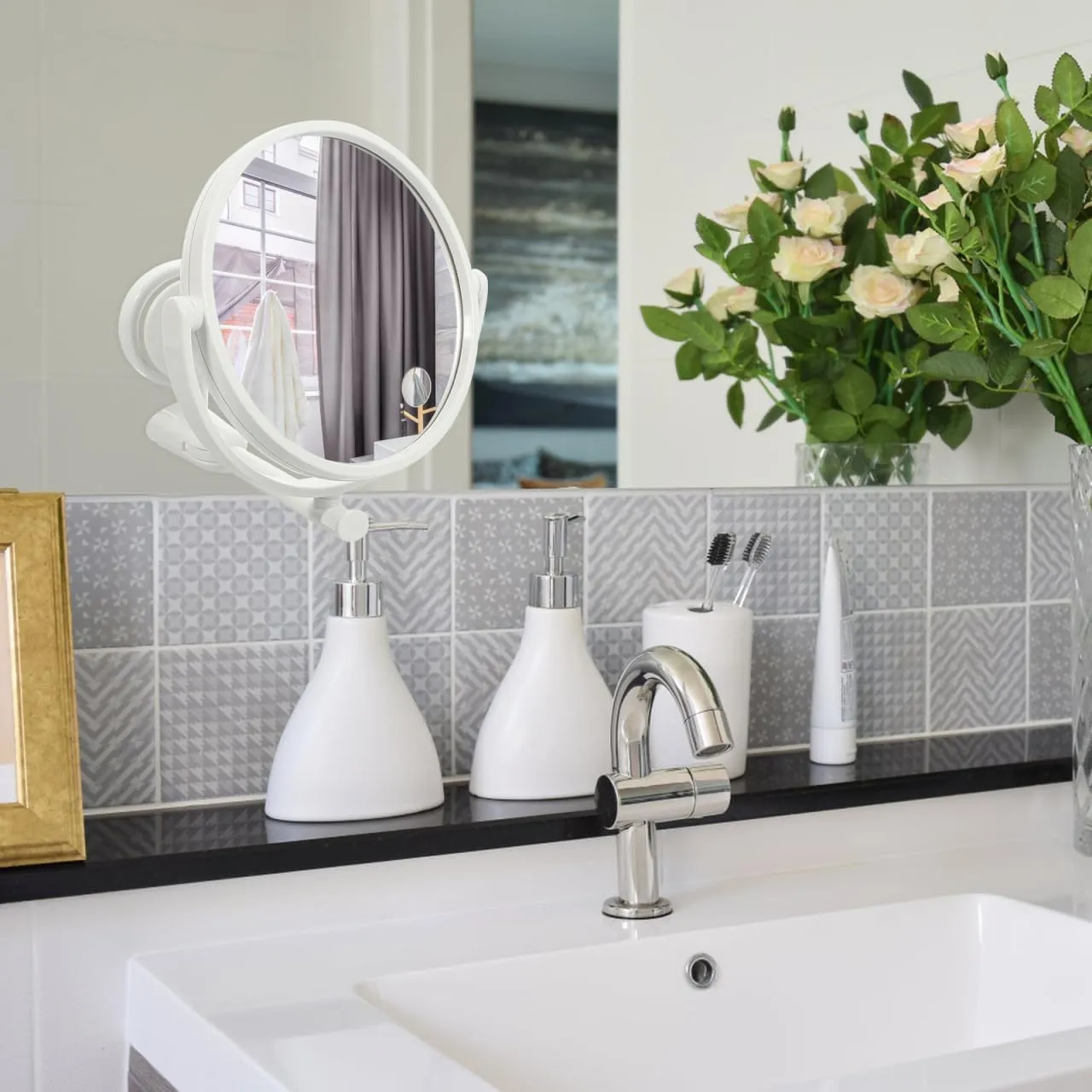 Shower Mirror with Suction Cup Swivel Mirror Double Side Wall Mounted Makeup Mirror Shaving Mirror Vanity Mirror for Bathroom Home Bedroom, 15x15x18.9cm, White
