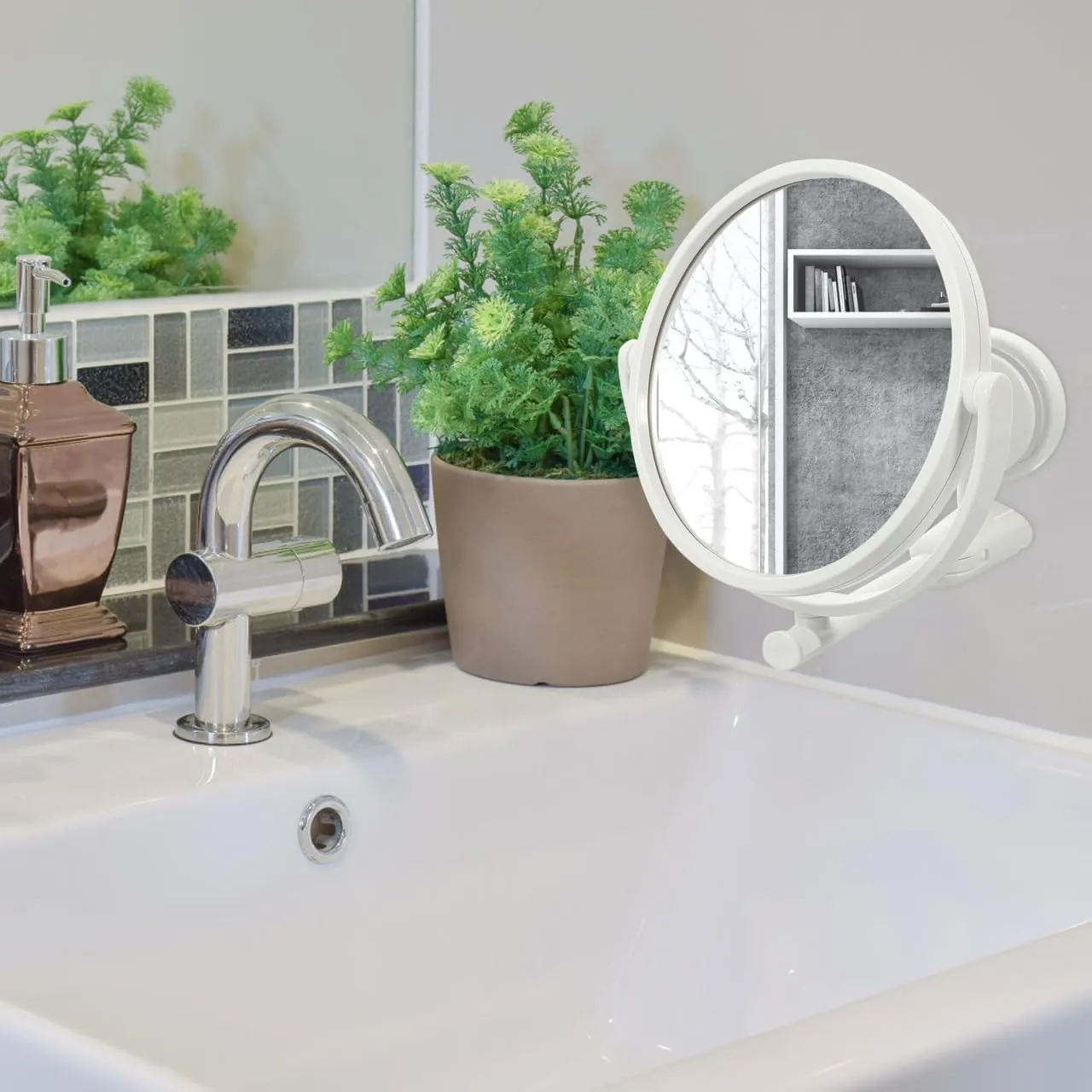 Shower Mirror with Suction Cup Swivel Mirror Double Side Wall Mounted Makeup Mirror Shaving Mirror Vanity Mirror for Bathroom Home Bedroom, 15x15x18.9cm, White