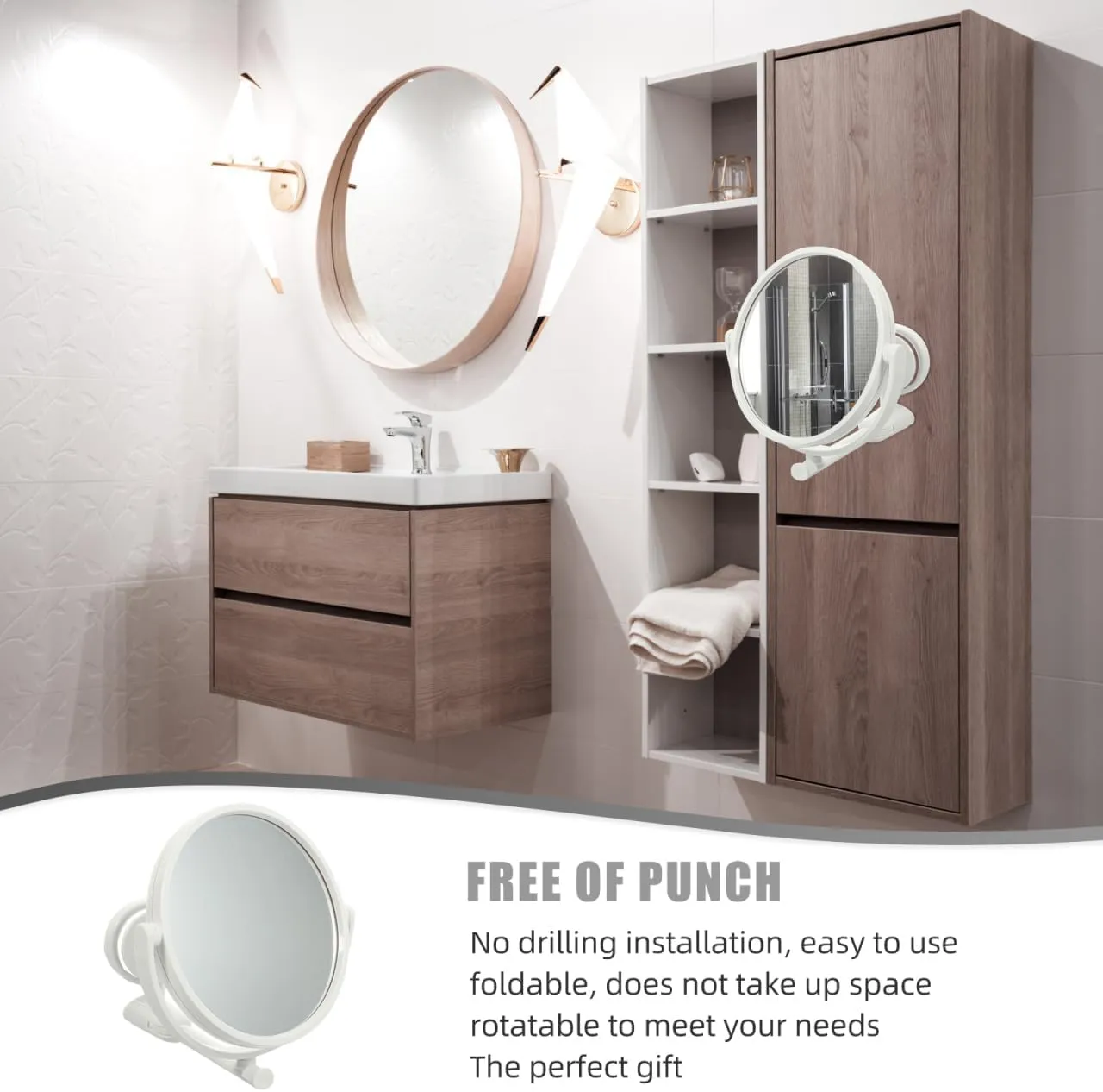 Shower Mirror with Suction Cup Swivel Mirror Double Side Wall Mounted Makeup Mirror Shaving Mirror Vanity Mirror for Bathroom Home Bedroom, 15x15x18.9cm, White