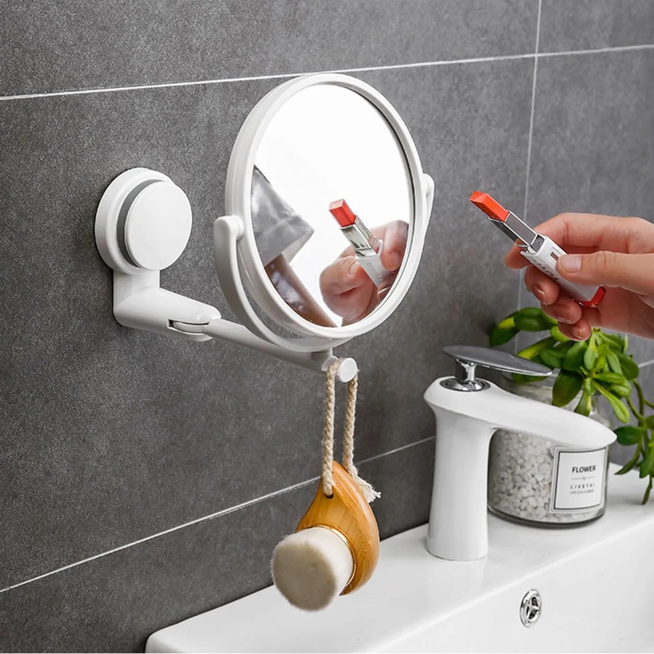 Shower Mirror with Suction Cup Swivel Mirror Double Side Wall Mounted Makeup Mirror Shaving Mirror Vanity Mirror for Bathroom Home Bedroom, 15x15x18.9cm, White