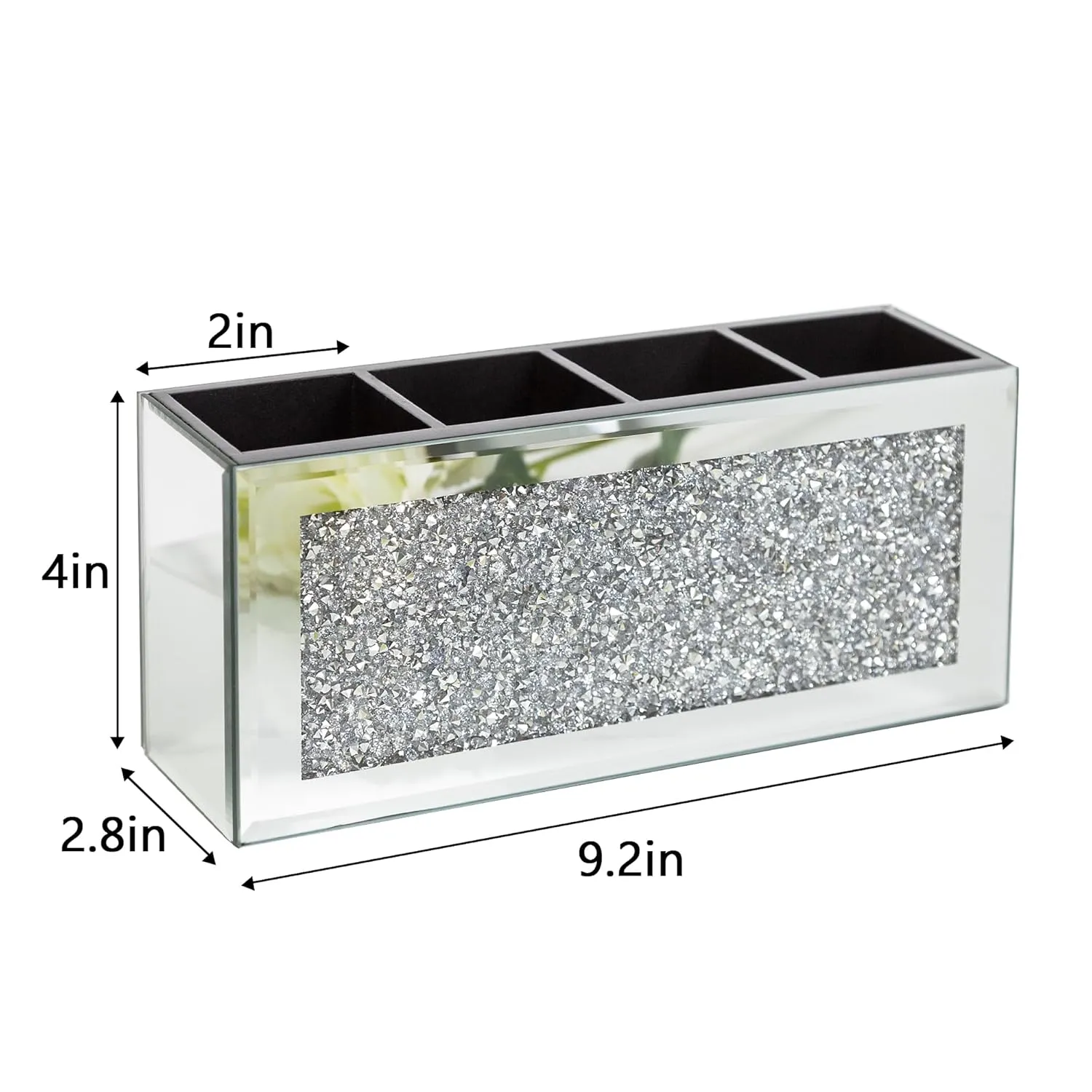 SHYFOY 4-Compartment Makeup Brush Holder, Mirrored Makeup Organizer with Crushed Diamond Crystals, Vanity Cosmetics Organizer Solution, Pencil Holder Organizer for Desk