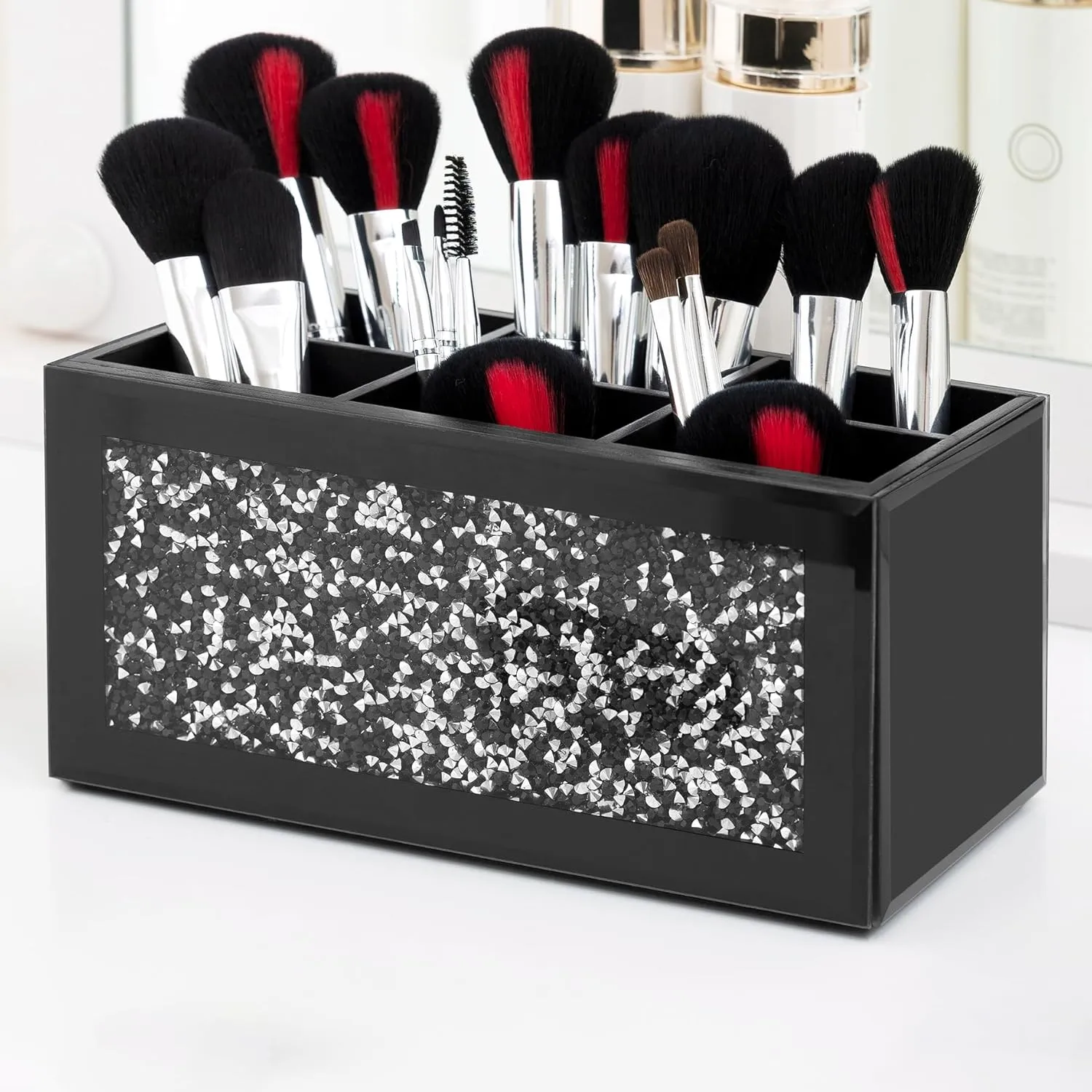 SHYFOY Black Makeup Brush Holder Organizer, 6 Slots Glass Makeup Cosmetics Organizers and Storage for Vanity Countertop