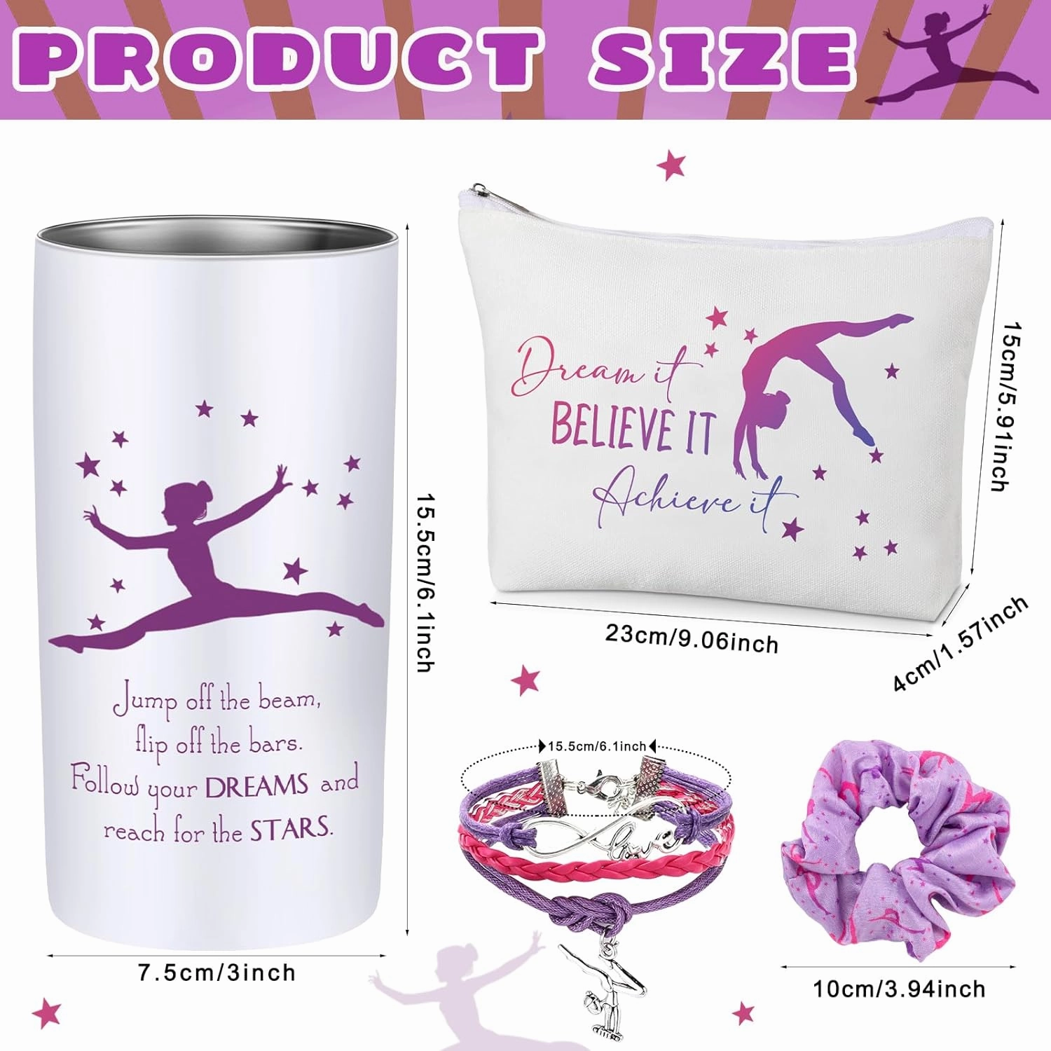 Sieral 4 Pieces Gymnastics Gifts for Girls 14oz Water Bottle Hair Scrunchies Bracelet Jewelry for Girls Zipper Pouch Sports Accessories for Sports Graduation Gifts (Light Purple)