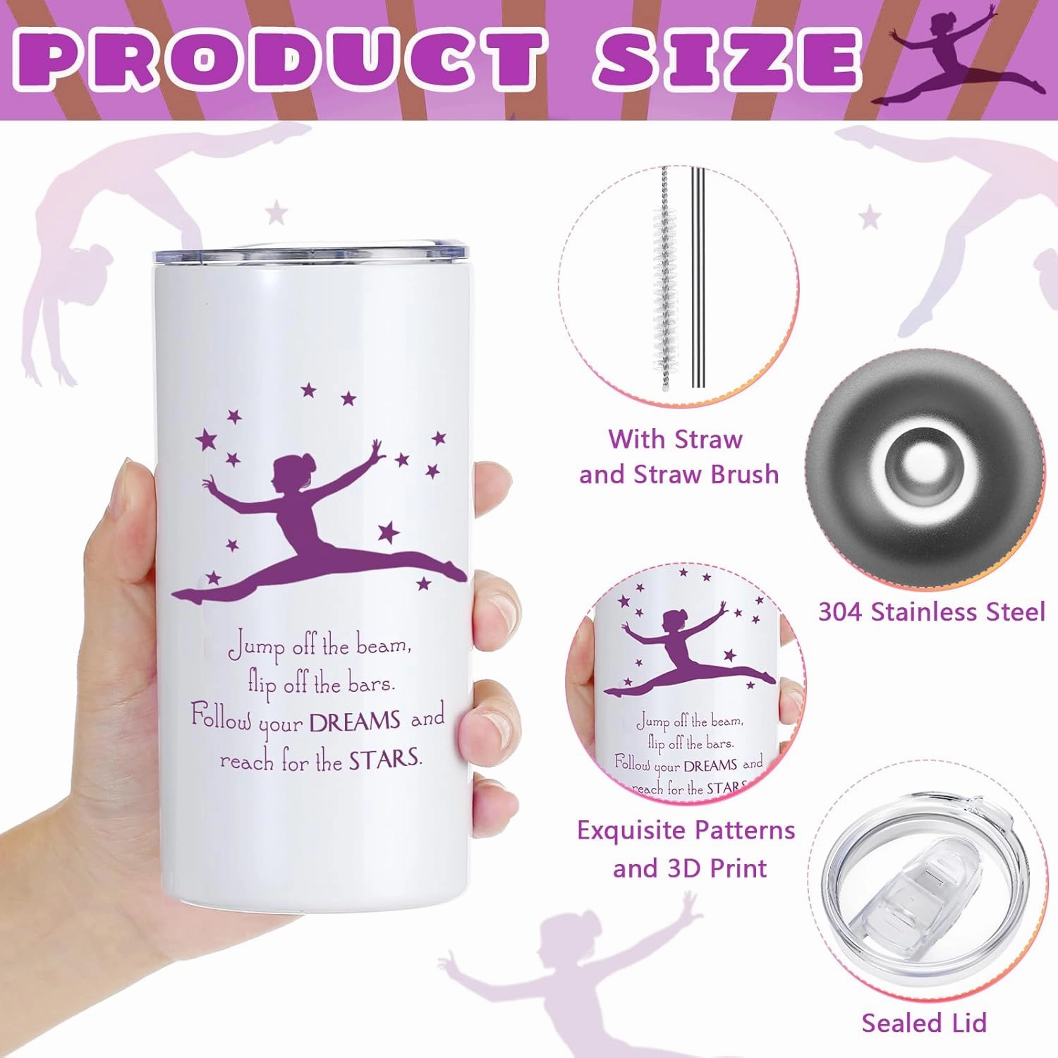 Sieral 4 Pieces Gymnastics Gifts for Girls 14oz Water Bottle Hair Scrunchies Bracelet Jewelry for Girls Zipper Pouch Sports Accessories for Sports Graduation Gifts (Light Purple)