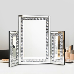 Silver Trifold Mirror -Hollywood Large Vanity Trifold Makeup Mirror, 3 Side Folding Tabletop Mirror ，Braiding Hair, Makeup 360° Way