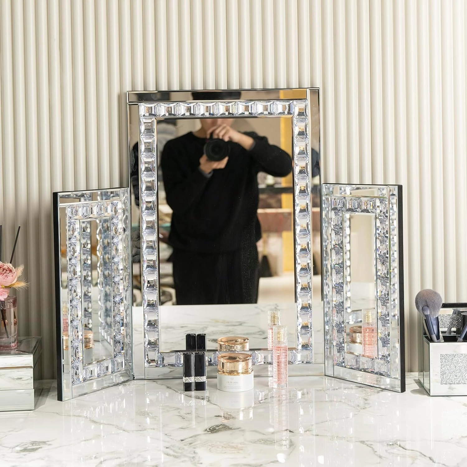 Silver Trifold Mirror -Hollywood Large Vanity Trifold Makeup Mirror, 3 Side Folding Tabletop Mirror ，Braiding Hair, Makeup 360° Way