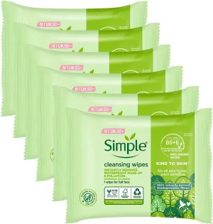 Simple Kind to Skin Cleansing Facial Wipes, 25 Count (Pack of 6)