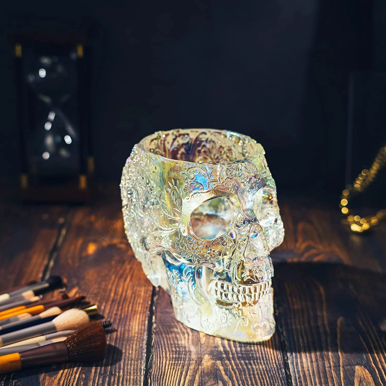 Skull Makeup Brush Holder, Pen Holder, Vanity, Desk, Office Organizer, Stationary, Decor Planter, Candy Bowl, Goth Decorations, Extra Large, Skulls Gothic Skull & Bones Organizer Bathroom (iridescent)