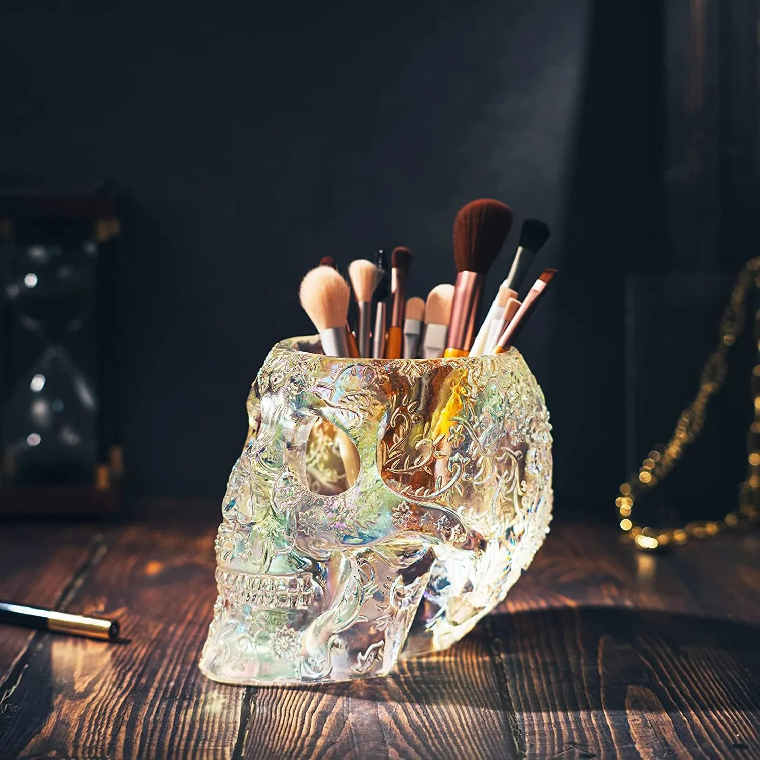Skull Makeup Brush Holder, Pen Holder, Vanity, Desk, Office Organizer, Stationary, Decor Planter, Candy Bowl, Goth Decorations, Extra Large, Skulls Gothic Skull & Bones Organizer Bathroom (iridescent)