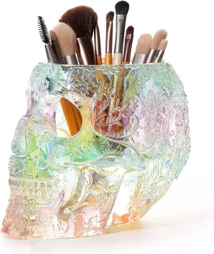 Skull Makeup Brush Holder, Pen Holder, Vanity, Desk, Office Organizer, Stationary, Decor Planter, Candy Bowl, Goth Decorations, Extra Large, Skulls Gothic Skull & Bones Organizer Bathroom (iridescent)