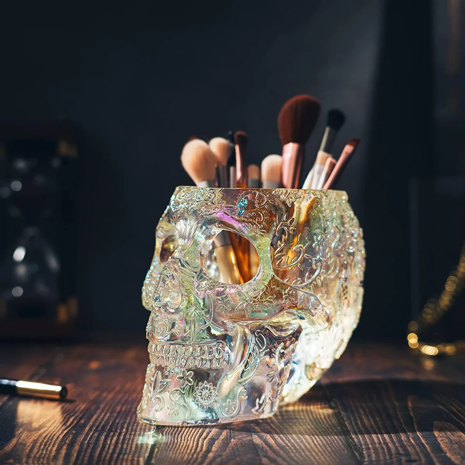Skull Makeup Brush Holder, Pen Holder, Vanity, Desk, Office Organizer, Stationary, Decor Planter, Candy Bowl, Goth Decorations, Extra Large, Skulls Gothic Skull & Bones Organizer Bathroom (iridescent)