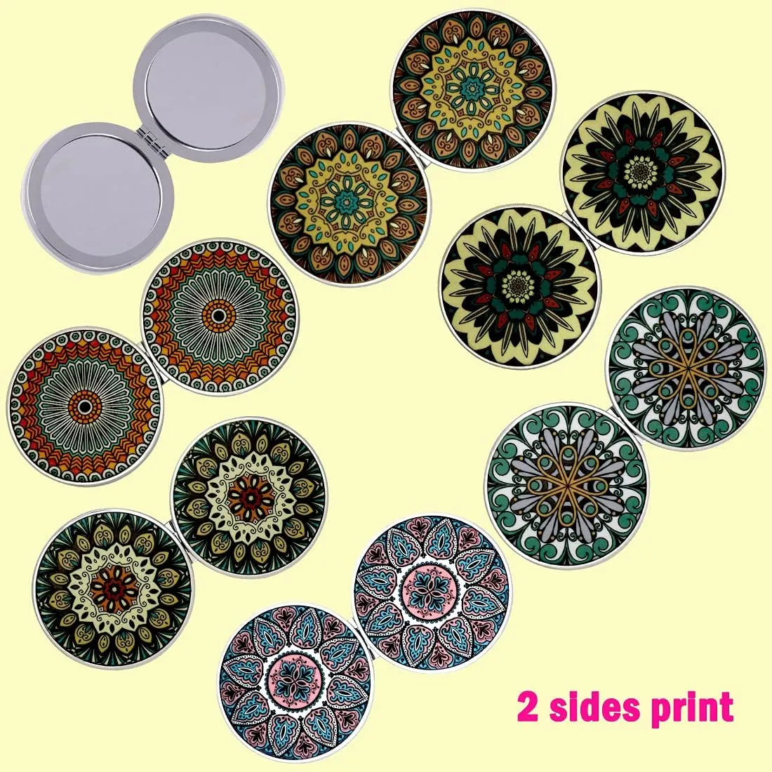 Small Compact Mirror Magnifying Travel Pocket Mirrors Handheld Foldable Mini Size with 1x 2X Magnification for Purse Handbag - Embossed Mandala Design for Girls Women Pack of 6