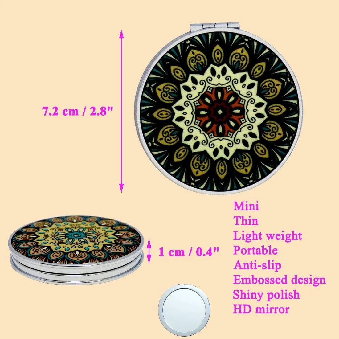 Small Compact Mirror Magnifying Travel Pocket Mirrors Handheld Foldable Mini Size with 1x 2X Magnification for Purse Handbag - Embossed Mandala Design for Girls Women Pack of 6