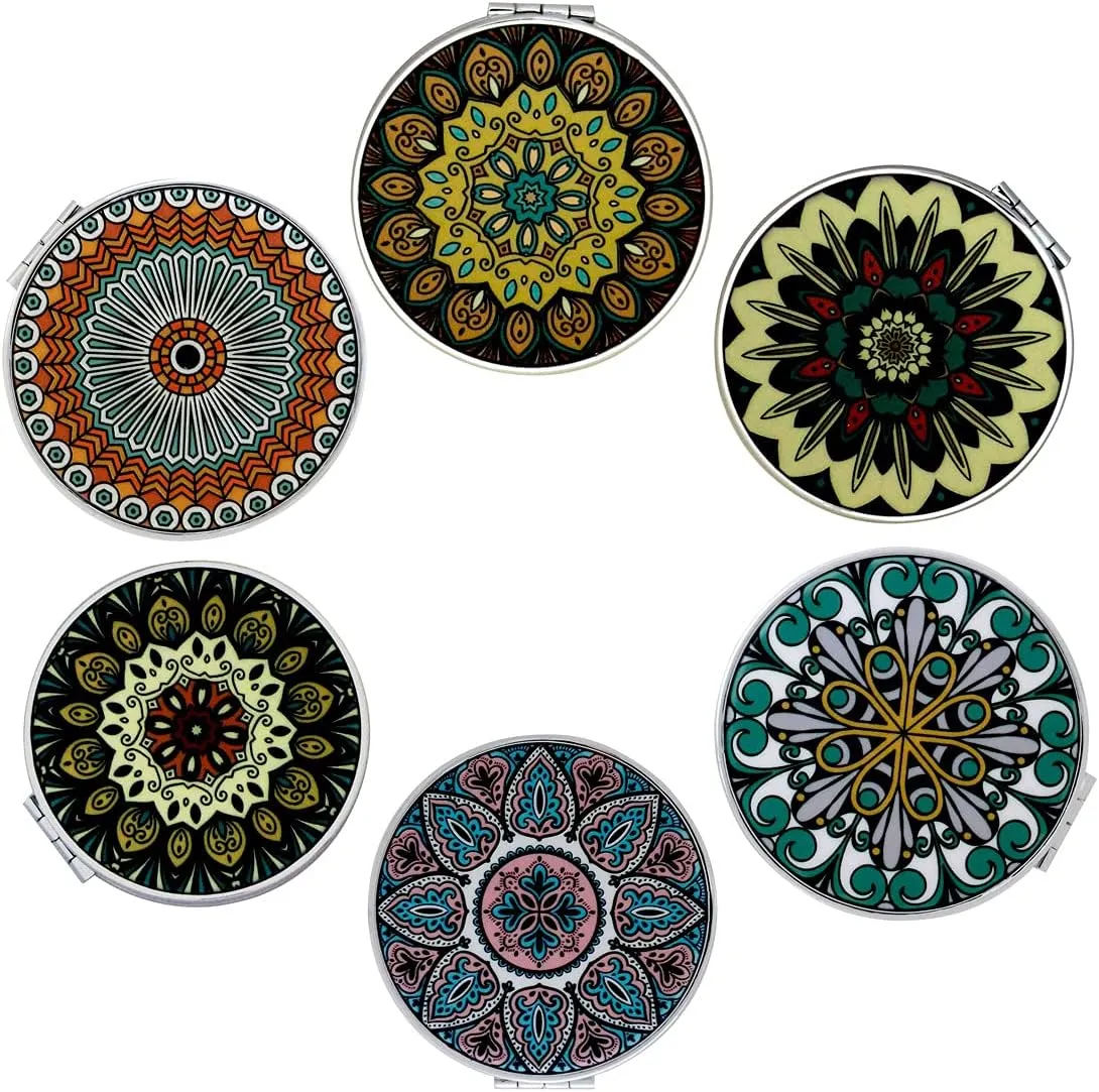 Small Compact Mirror Magnifying Travel Pocket Mirrors Handheld Foldable Mini Size with 1x 2X Magnification for Purse Handbag - Embossed Mandala Design for Girls Women Pack of 6