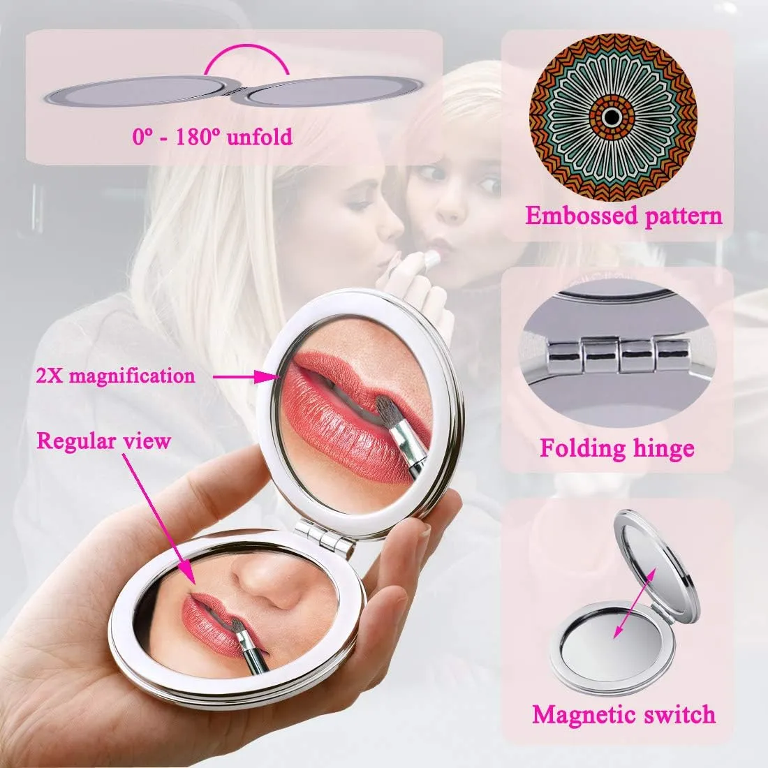 Small Compact Mirror Magnifying Travel Pocket Mirrors Handheld Foldable Mini Size with 1x 2X Magnification for Purse Handbag - Embossed Mandala Design for Girls Women Pack of 6