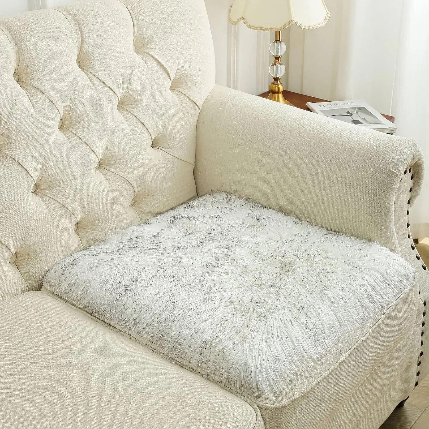 Softlife White Faux Fur Sheepskin Chair Cover 2 PCs Seat Cushion Pad Super Soft Area Rugs for Living Bedroom Sofa Dorm (1.6ft x 1.6ft, White-Grey Tip)