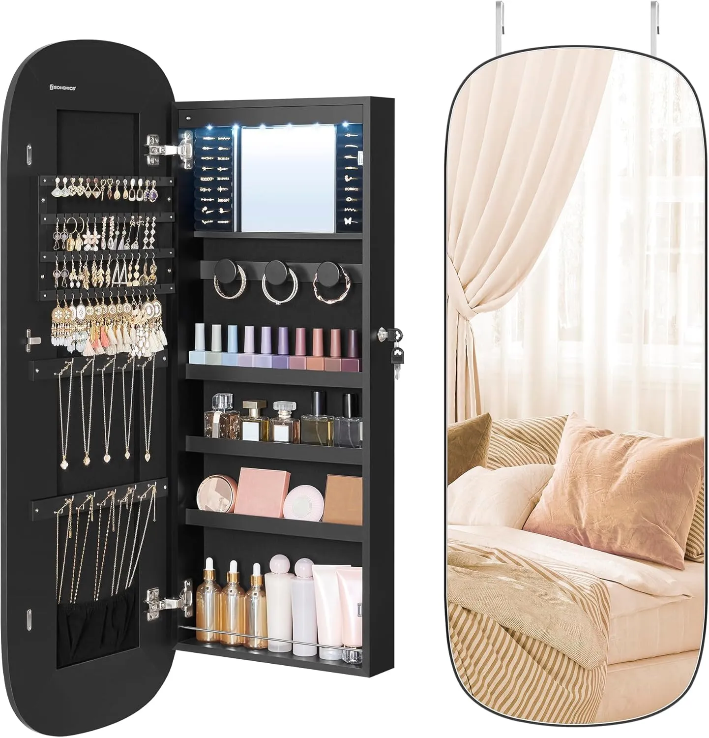 SONGMICS Jewelry Organizer, LED Jewelry Cabinet Wall/Door Mounted, Lockable Rounded Wide Mirror with Storage, Interior Mirror, 3.9 x 16.5 x 42.5 Inches, Black Surface with Black Lining