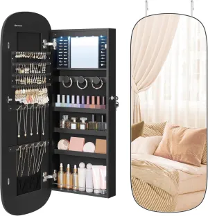 SONGMICS Jewelry Organizer, LED Jewelry Cabinet Wall/Door Mounted, Lockable Rounded Wide Mirror with Storage, Interior Mirror, 3.9 x 16.5 x 42.5 Inches, Black Surface with Black Lining