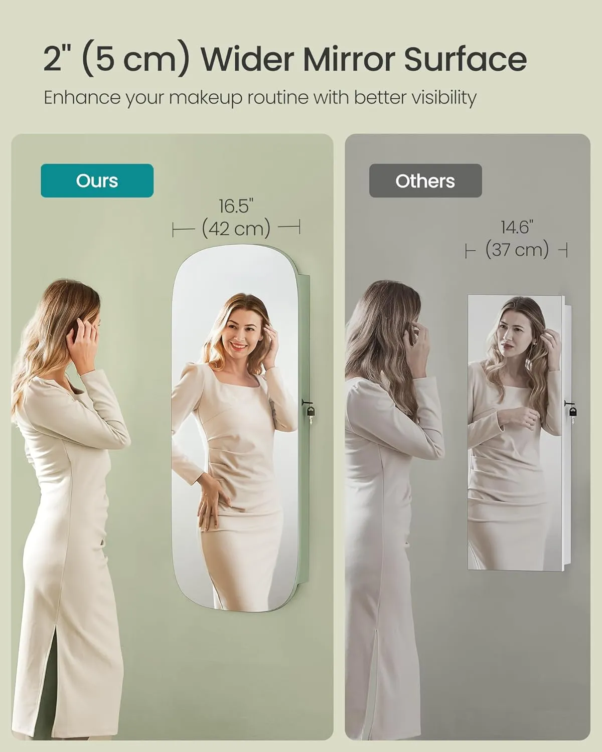 SONGMICS Jewelry Organizer, LED Jewelry Cabinet Wall/Door Mounted, Lockable Rounded Wide Mirror with Storage, Interior Mirror, 3.9 x 16.5 x 42.5 Inches, Laurel Green Surface with Cream White Lining