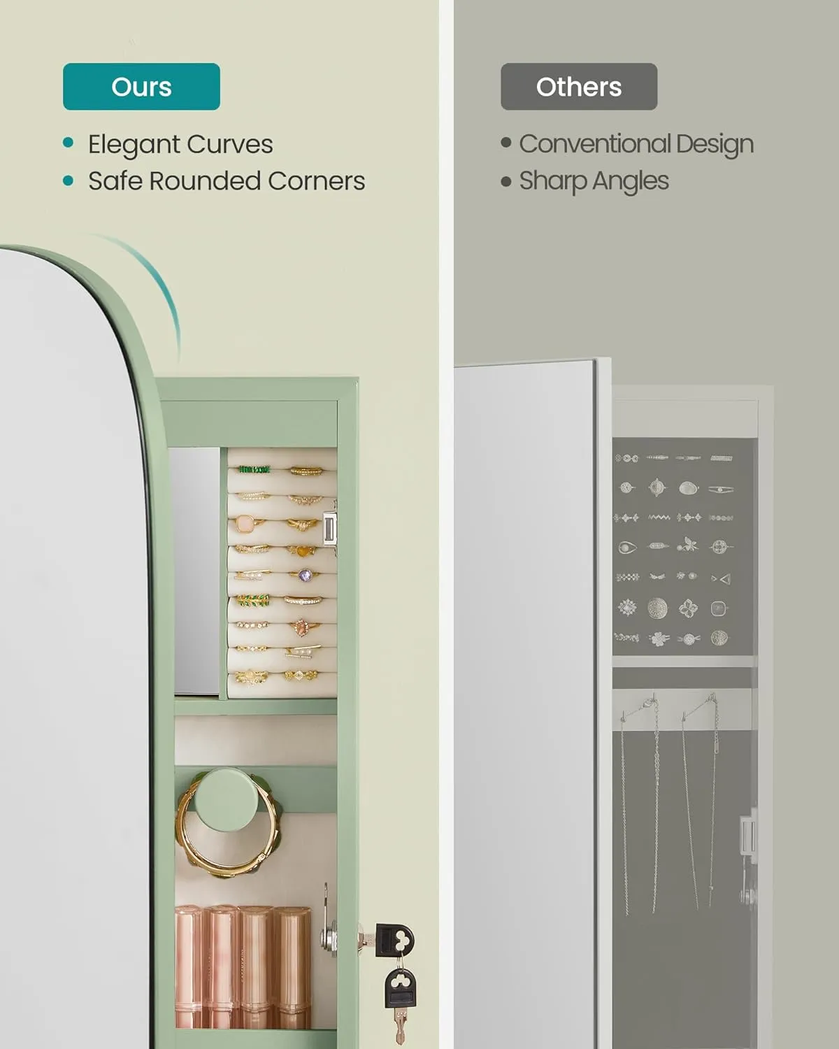 SONGMICS Jewelry Organizer, LED Jewelry Cabinet Wall/Door Mounted, Lockable Rounded Wide Mirror with Storage, Interior Mirror, 3.9 x 16.5 x 42.5 Inches, Laurel Green Surface with Cream White Lining
