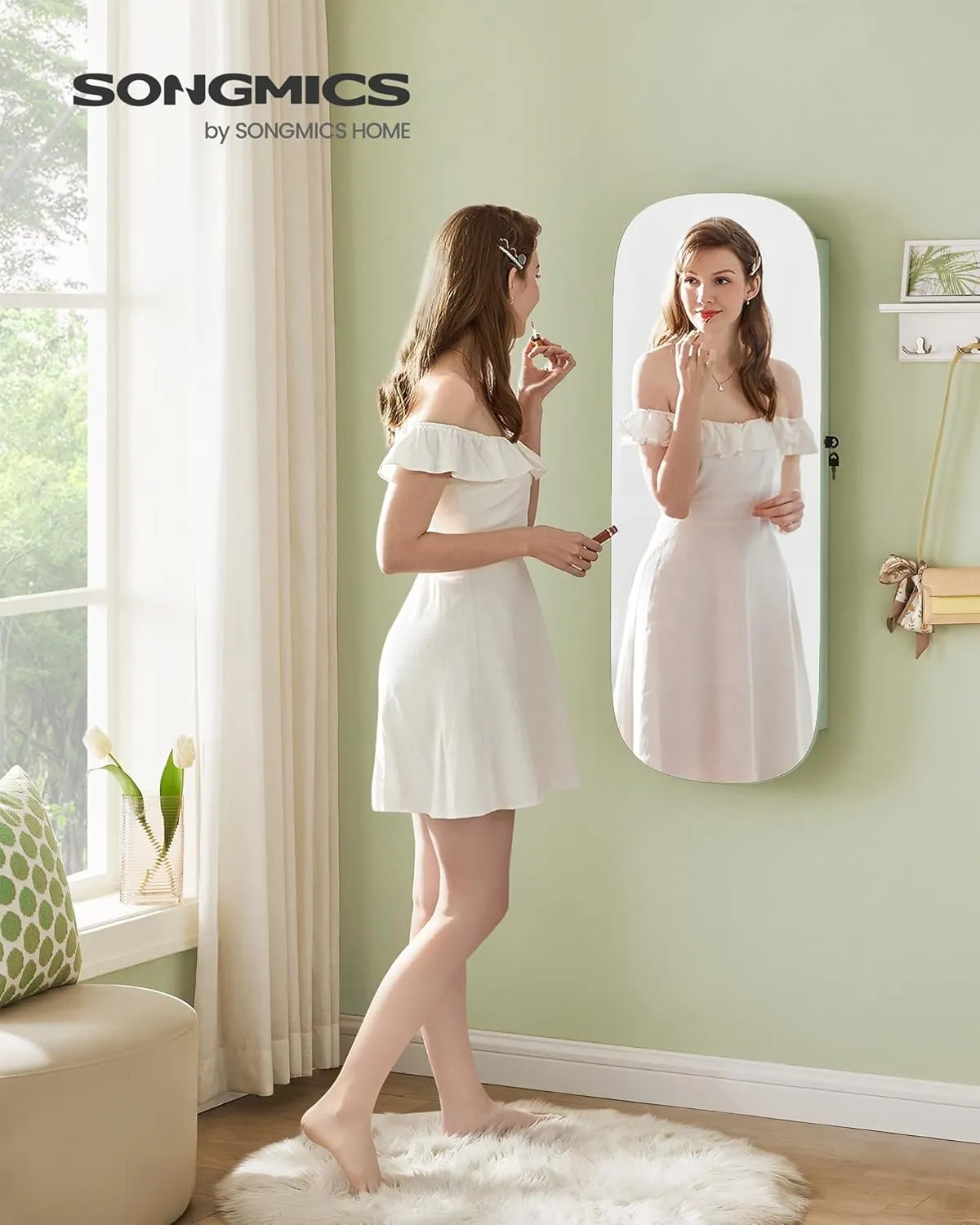 SONGMICS Jewelry Organizer, LED Jewelry Cabinet Wall/Door Mounted, Lockable Rounded Wide Mirror with Storage, Interior Mirror, 3.9 x 16.5 x 42.5 Inches, Laurel Green Surface with Cream White Lining
