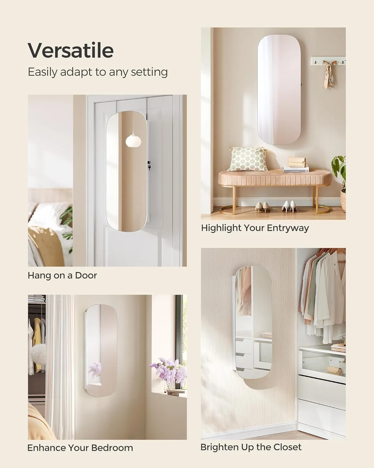 SONGMICS Jewelry Organizer, LED Jewelry Cabinet Wall/Door Mounted, Lockable Rounded Wide Mirror with Storage, Interior Mirror, 3.9 x 16.5 x 42.5 Inches, White Surface with Greige Lining