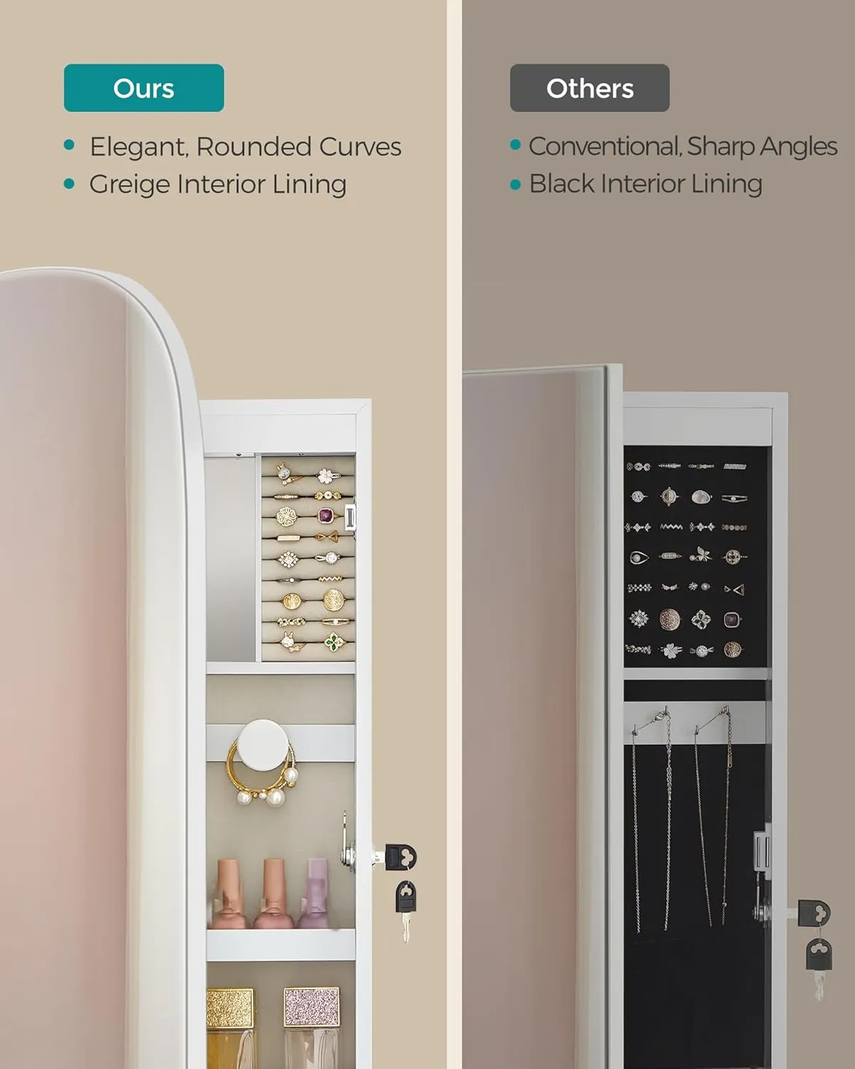 SONGMICS Jewelry Organizer, LED Jewelry Cabinet Wall/Door Mounted, Lockable Rounded Wide Mirror with Storage, Interior Mirror, 3.9 x 16.5 x 42.5 Inches, White Surface with Greige Lining