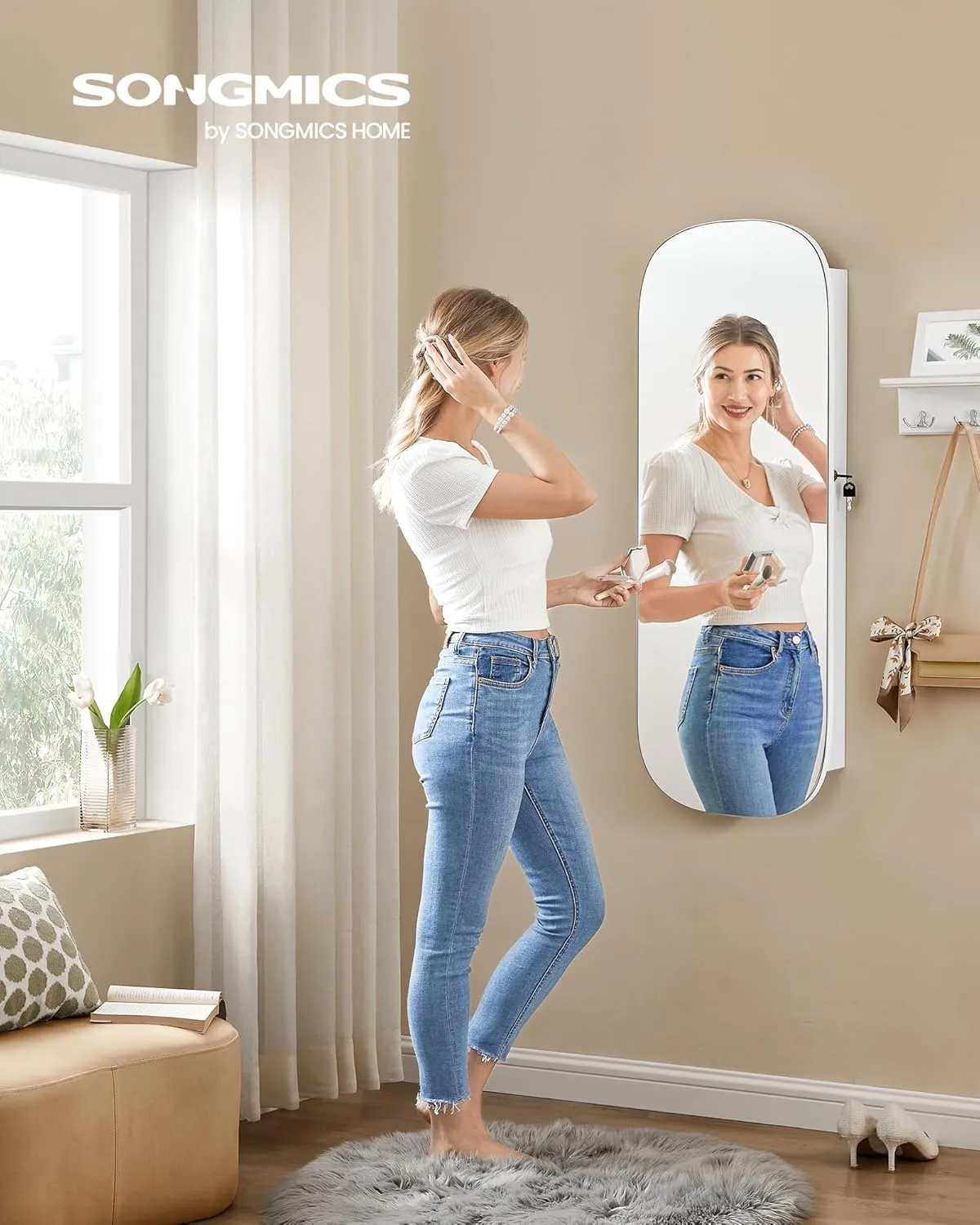 SONGMICS Jewelry Organizer, LED Jewelry Cabinet Wall/Door Mounted, Lockable Rounded Wide Mirror with Storage, Interior Mirror, 3.9 x 16.5 x 42.5 Inches, White Surface with Greige Lining