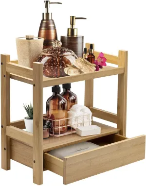 Sorbus 2-Tier Bamboo Countertop Shelf with Hidden Drawer - Makeup Organizer - Multi-Purpose Storage for Skincare, Toiletries, Desktop - Display Stand Shelf for Bathroom Vanity Counter, Kitchen, Office