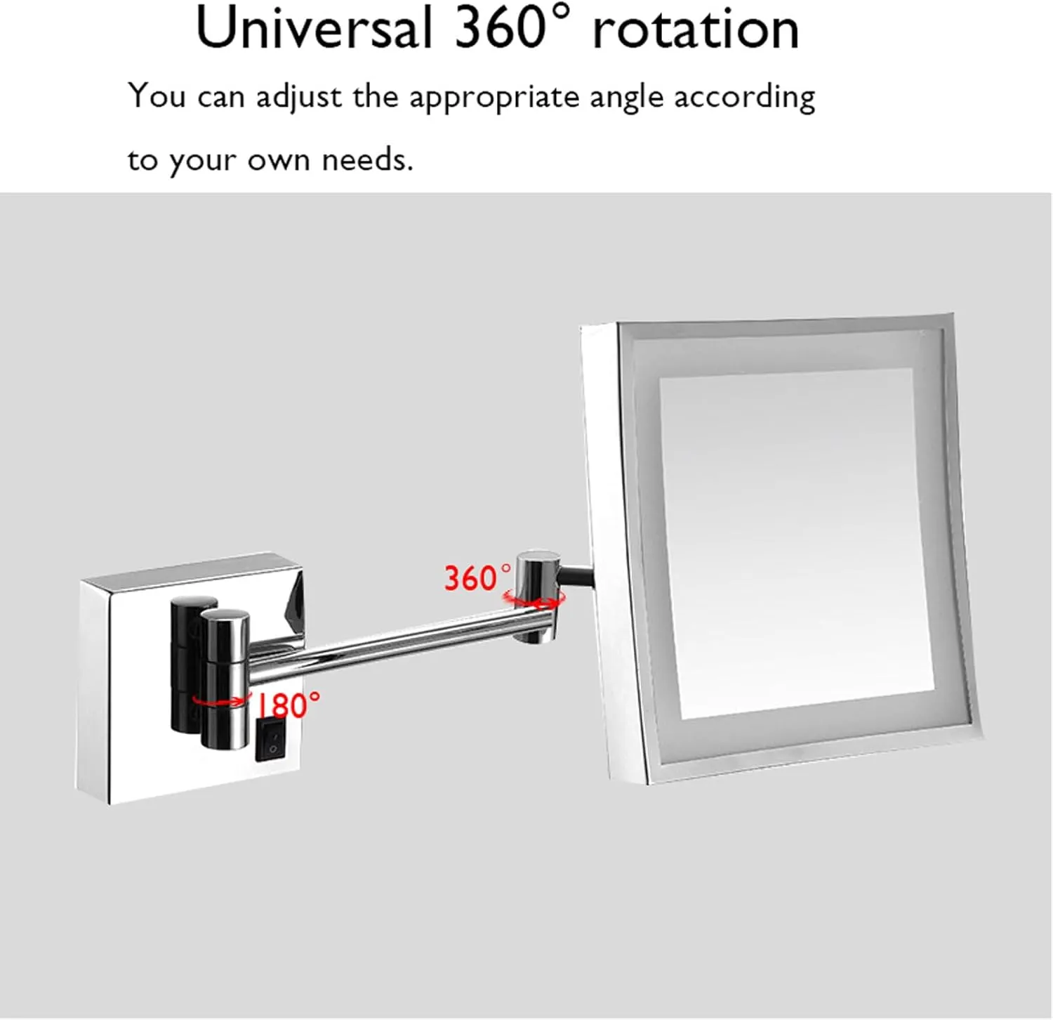 Square Wall-Mounted Illuminated Makeup Mirror, 8-inch Single-Sided 3X Magnifying Mirror Shaving Mirror, Vanity Mirror with 360-degree Rotating Telescopic Arm Cosmetic Mirror