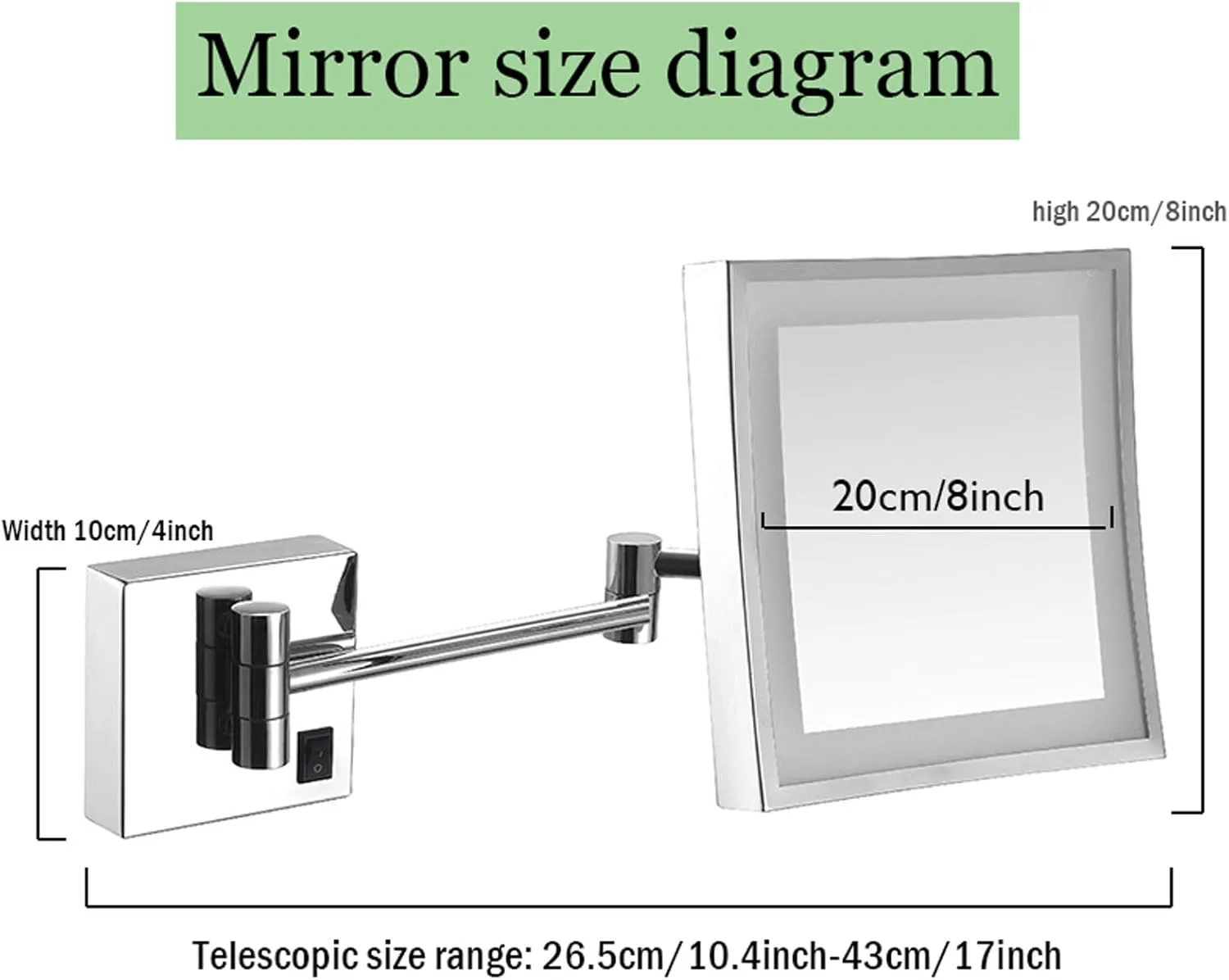 Square Wall-Mounted Illuminated Makeup Mirror, 8-inch Single-Sided 3X Magnifying Mirror Shaving Mirror, Vanity Mirror with 360-degree Rotating Telescopic Arm Cosmetic Mirror