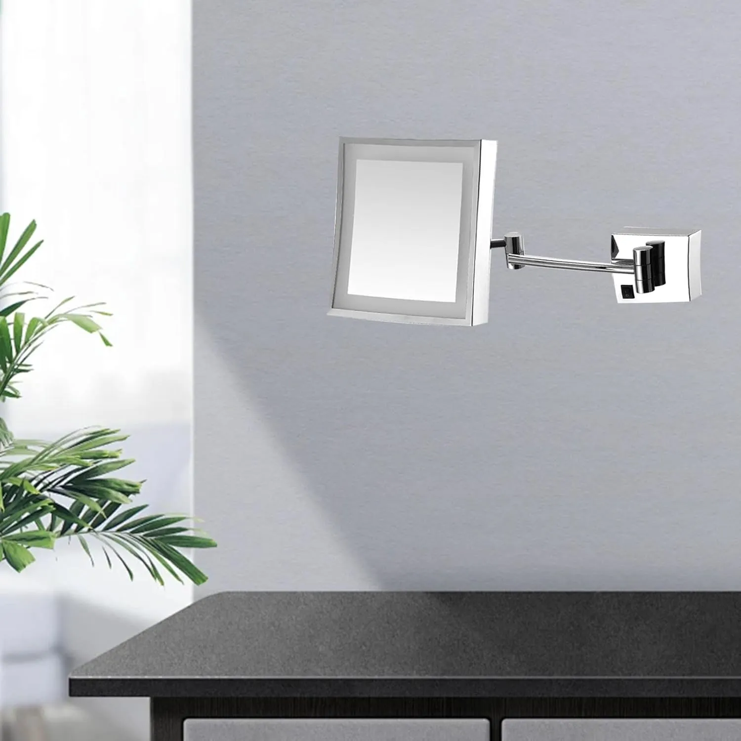 Square Wall-Mounted Illuminated Makeup Mirror, 8-inch Single-Sided 3X Magnifying Mirror Shaving Mirror, Vanity Mirror with 360-degree Rotating Telescopic Arm Cosmetic Mirror
