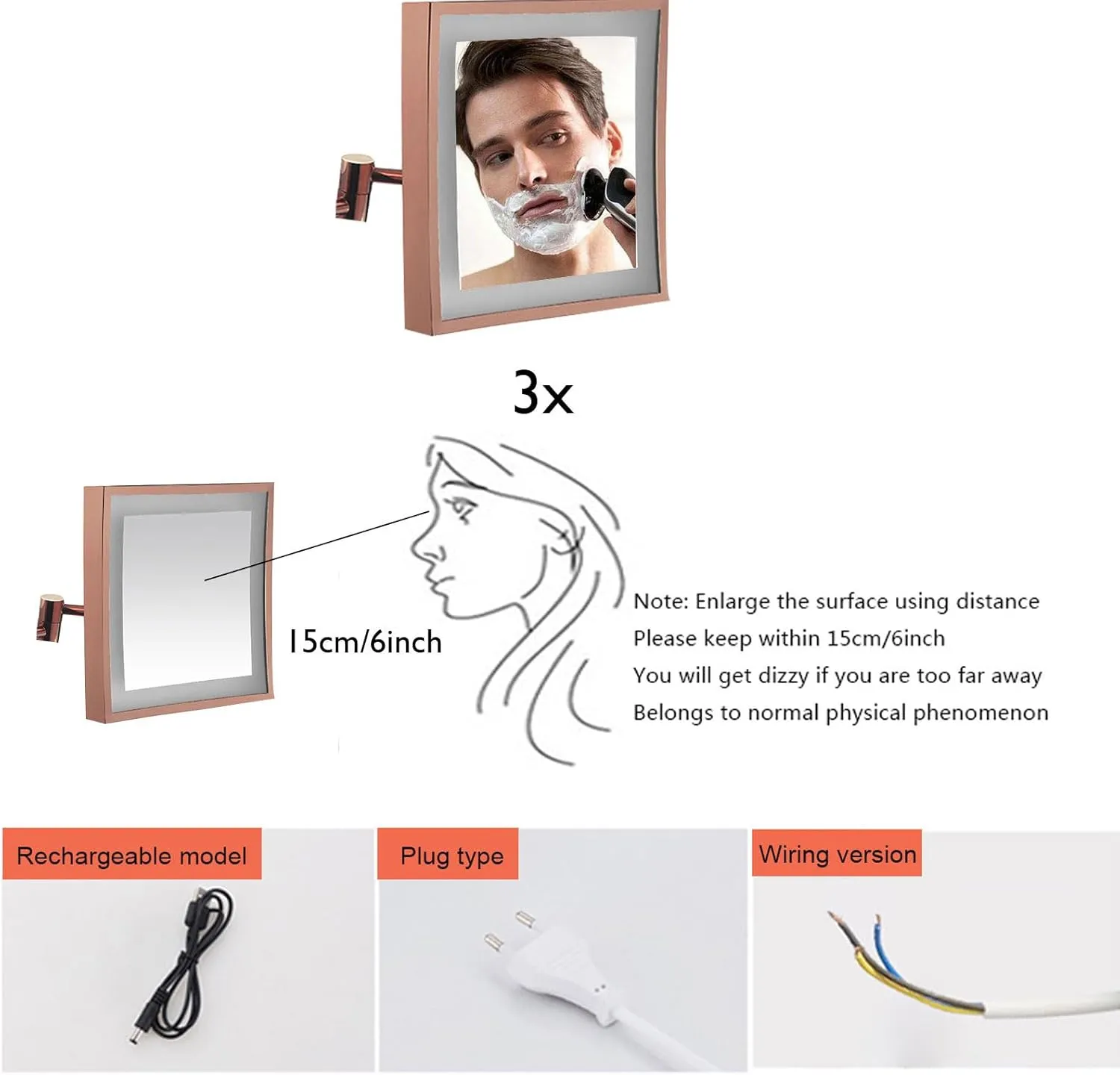 Square Wall-Mounted Illuminated Makeup Mirror, 8-inch Single-Sided 3X Magnifying Mirror Shaving Mirror, Vanity Mirror with 360-degree Rotating Telescopic Arm Cosmetic Mirror