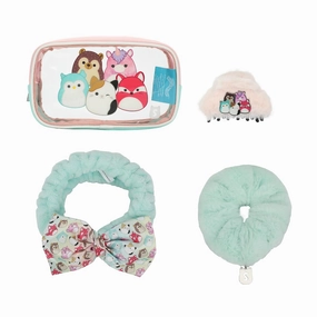 Squishmallows Treat Yourself 4-Piece Accessory Care Kit Clear Character Design Cosmetic Storage Travel Bag Gift Set