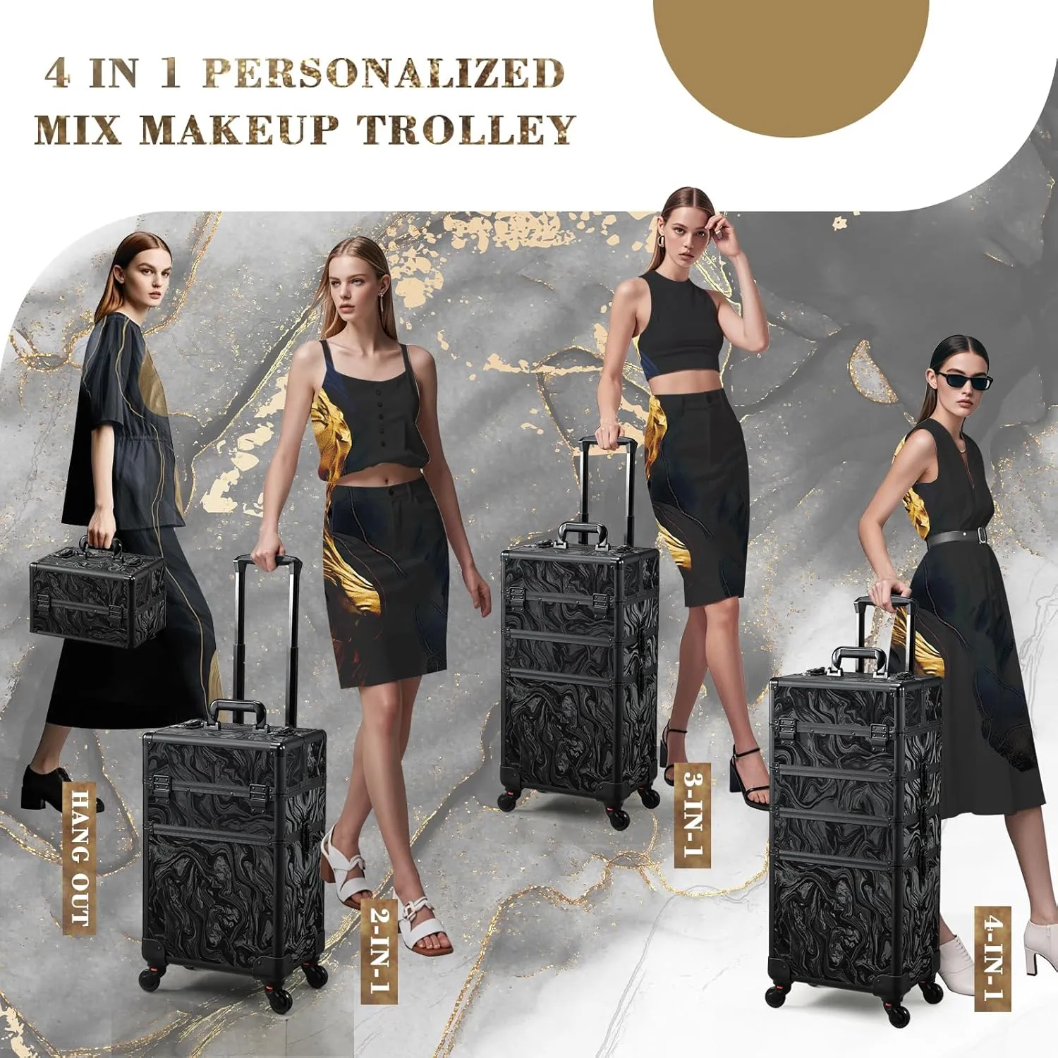 Stagiant Rolling Makeup Case Cosmetology Case on Wheels 4 in 1 Makeup Travel Case Extra Large Cosmetic Box with Key Make Up Artist Traveling Storage Nail Case Salon Barber Cart Trunk Alpine Black