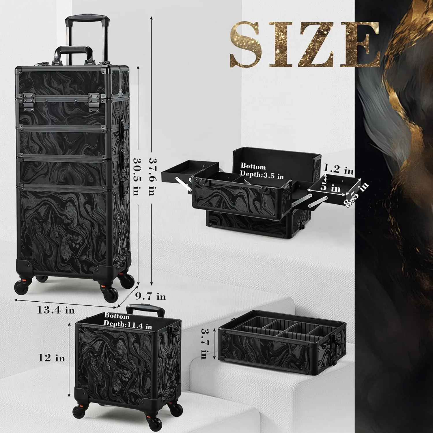 Stagiant Rolling Makeup Case Cosmetology Case on Wheels 4 in 1 Makeup Travel Case Extra Large Cosmetic Box with Key Make Up Artist Traveling Storage Nail Case Salon Barber Cart Trunk Alpine Black