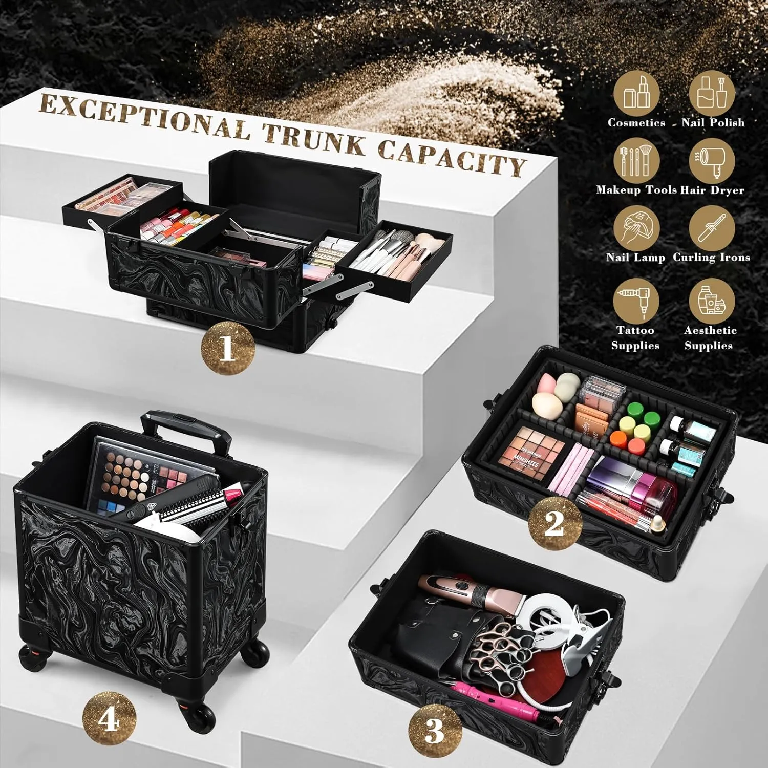 Stagiant Rolling Makeup Case Cosmetology Case on Wheels 4 in 1 Makeup Travel Case Extra Large Cosmetic Box with Key Make Up Artist Traveling Storage Nail Case Salon Barber Cart Trunk Alpine Black