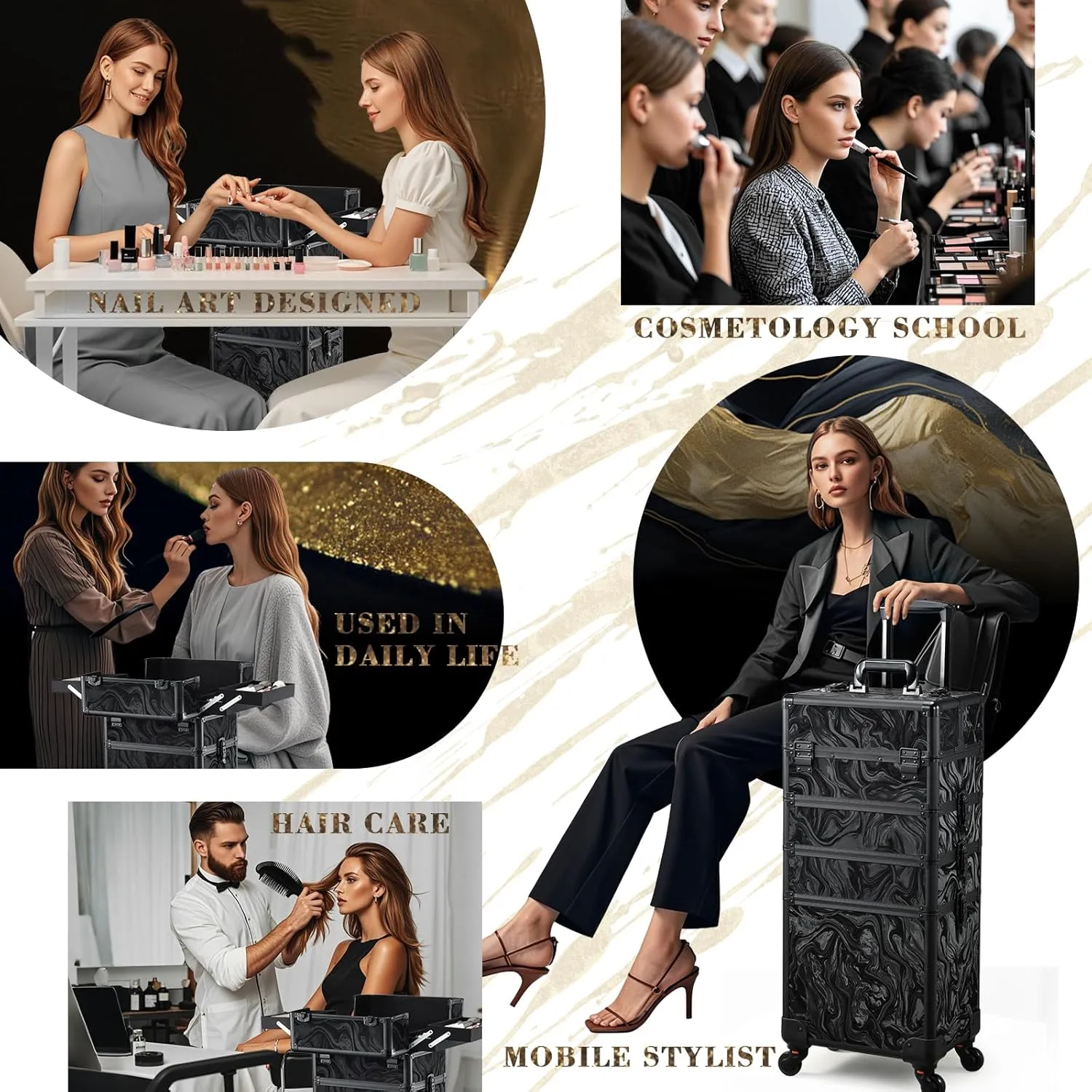 Stagiant Rolling Makeup Case Cosmetology Case on Wheels 4 in 1 Makeup Travel Case Extra Large Cosmetic Box with Key Make Up Artist Traveling Storage Nail Case Salon Barber Cart Trunk Alpine Black