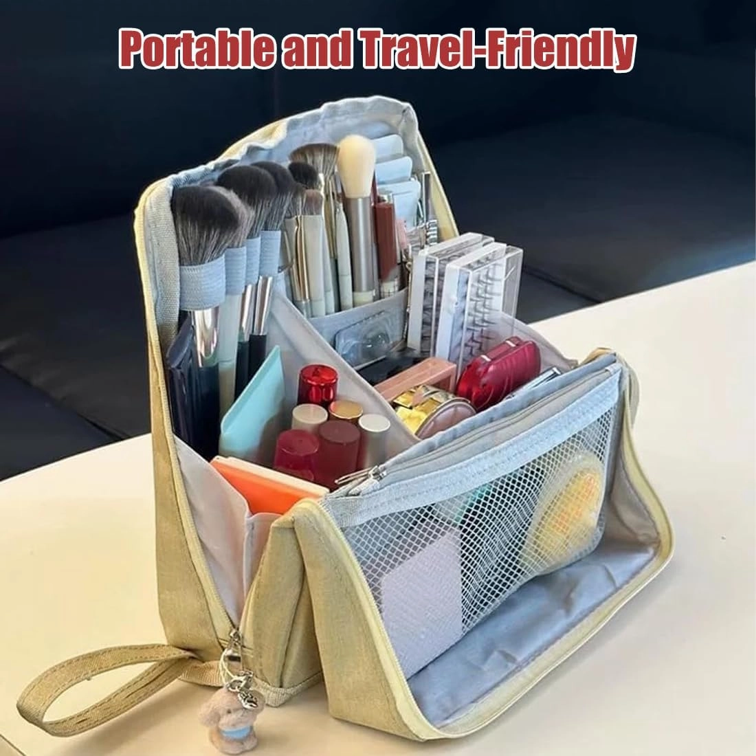 Standing Makeup Bag – Portable, Large Capacity, Doresty Makeup Bag, Waterproof Makeup Organizer with Compartments, Makeup Bag Organizer with Compartments, Travel-Friendly (Beige)