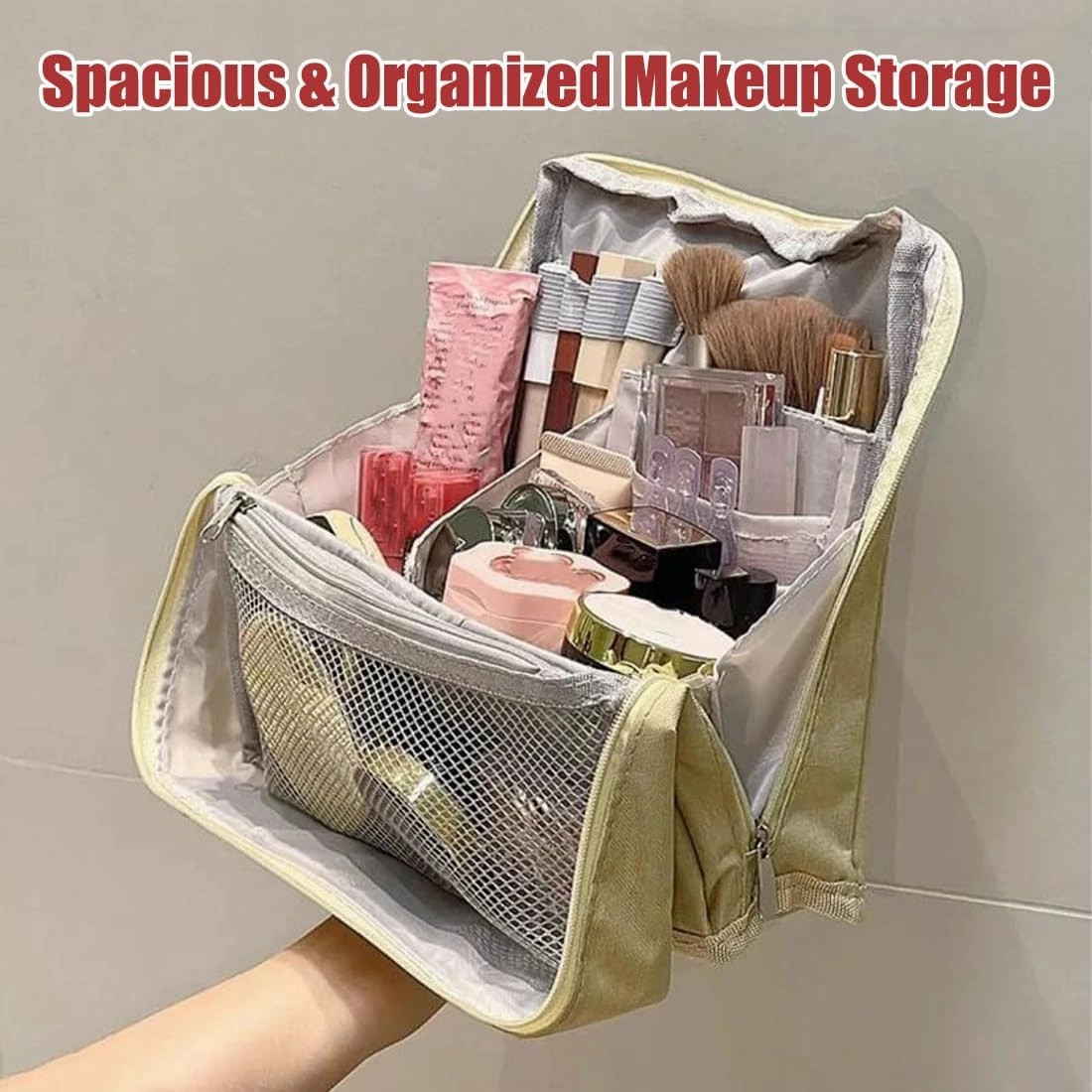 Standing Makeup Bag – Portable, Large Capacity, Doresty Makeup Bag, Waterproof Makeup Organizer with Compartments, Makeup Bag Organizer with Compartments, Travel-Friendly (Beige)