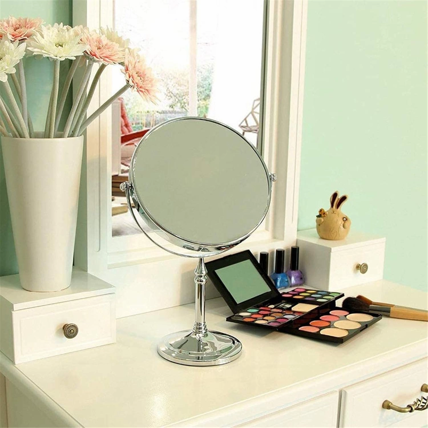 Standing Makeup Mirrors,8 inch Double Sided Brass Countertop Vanity Mirror with 3X/5X/7X/10X Magnifying,Tabletop Rotatable Cosmetic Mirrors(Chrome 5X)