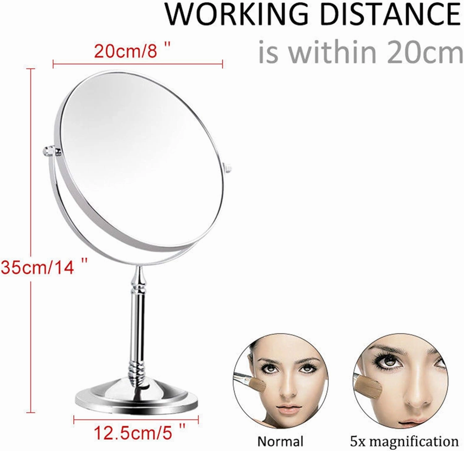 Standing Makeup Mirrors,8 inch Double Sided Brass Countertop Vanity Mirror with 3X/5X/7X/10X Magnifying,Tabletop Rotatable Cosmetic Mirrors(Chrome 5X)